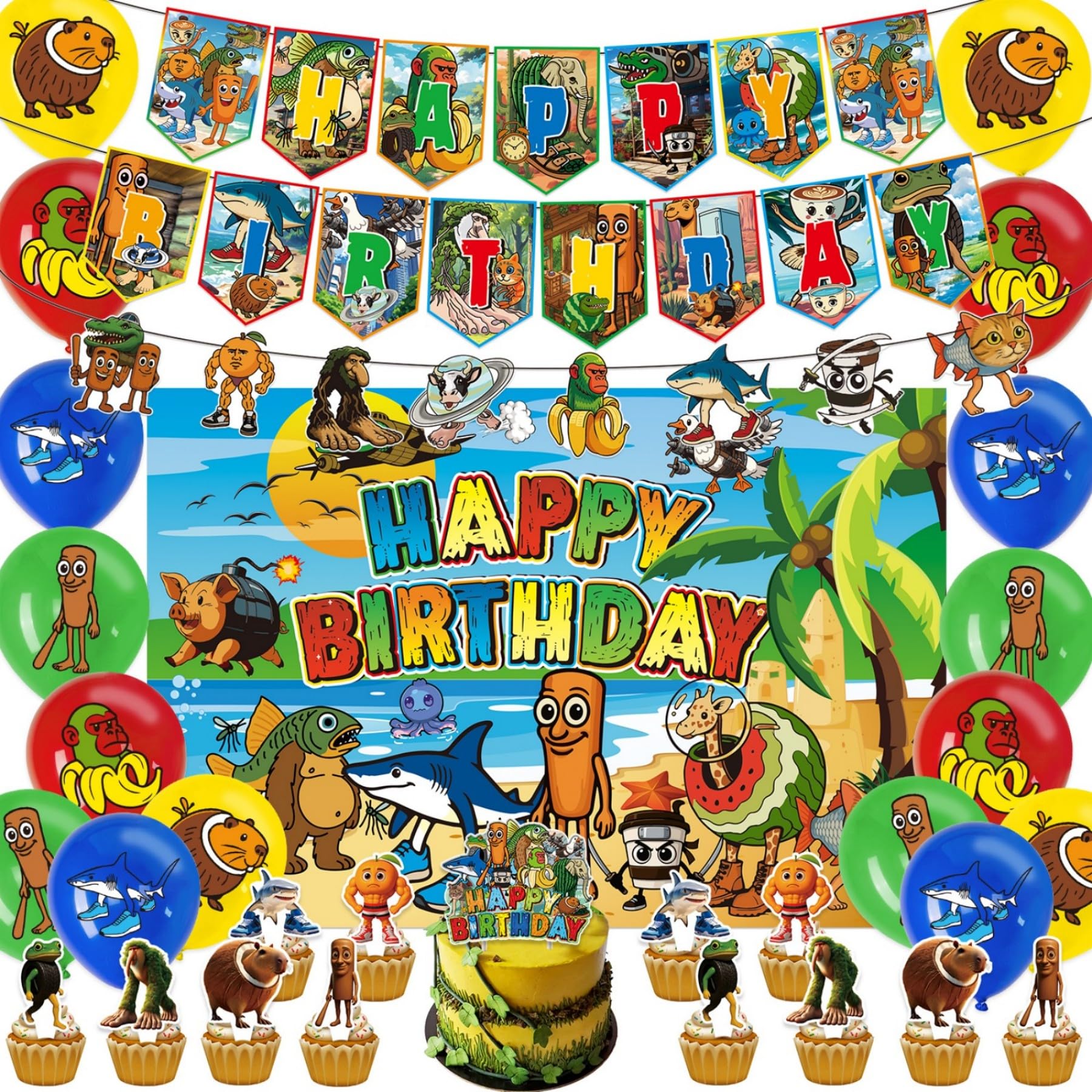Italian Brainrot Birthday Decorations Set with Brainrot Designs, Brainrot Party Decorations Includes Banner, Backdrop, Paper Garland, Balloons, Cake Topper for Birthday Party Decorations