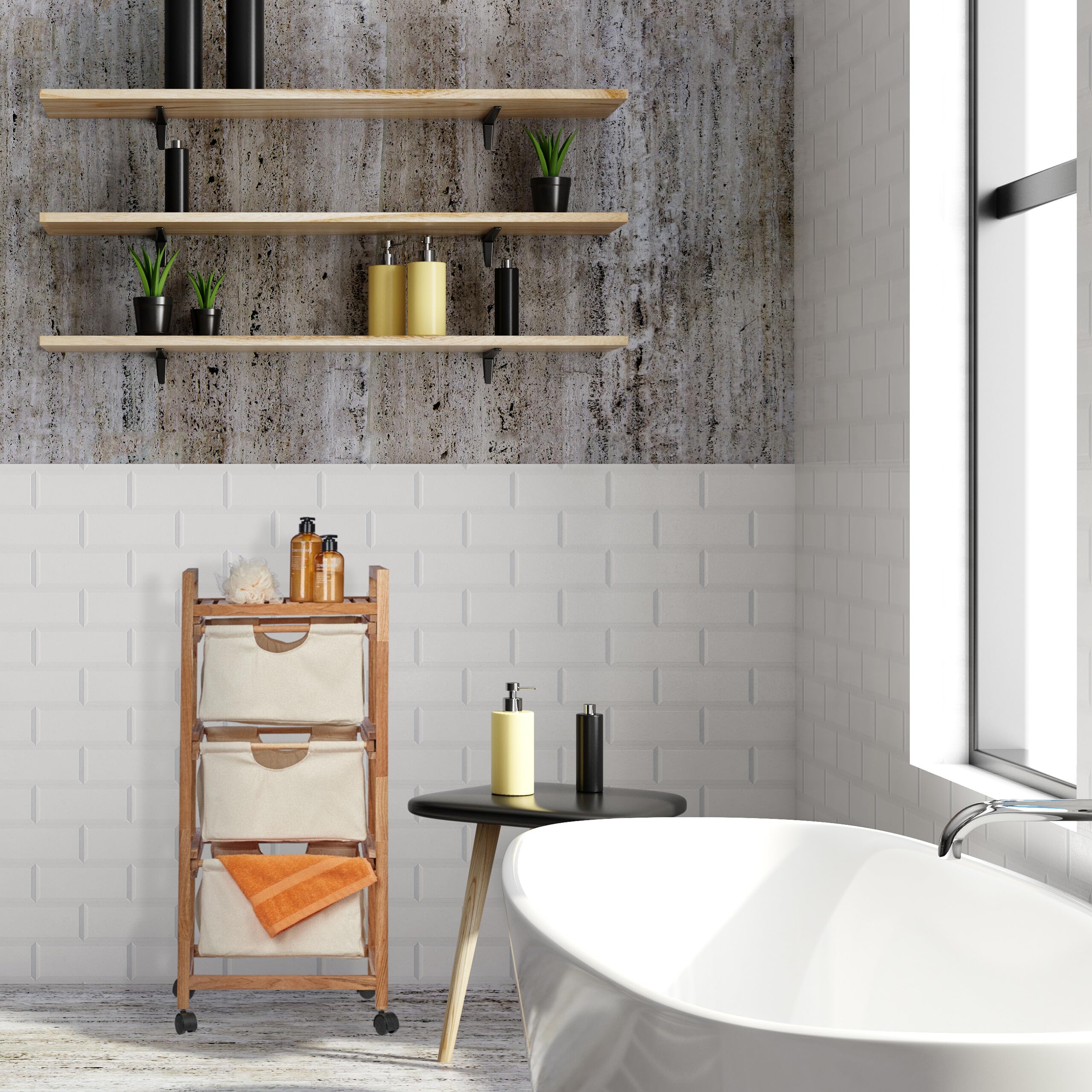 Relaxdays Mobiletto da Bagno con 3 Cestini, Scaffale Salvaspazio, Mobile in Legno, 96x43,5x33,5 cm, Naturale Beige