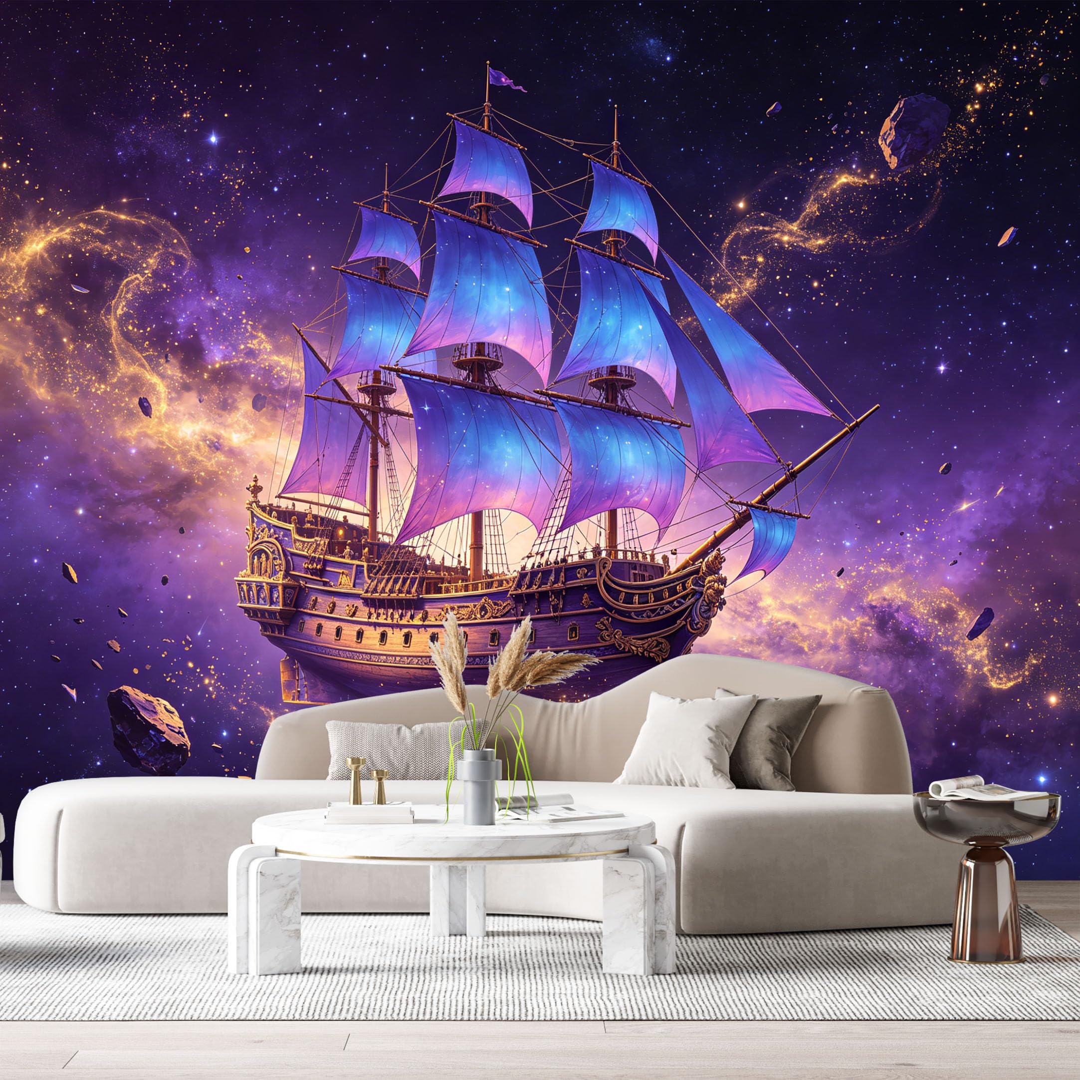 Custom Size Wall Murals Abstract Cosmic Sailing Ship Nebula Starry Night Galaxy 3D SelfAdhesiveWall Fabric Removable Wallpaper Wall Decor for Living Room Bedroom Bathroom
