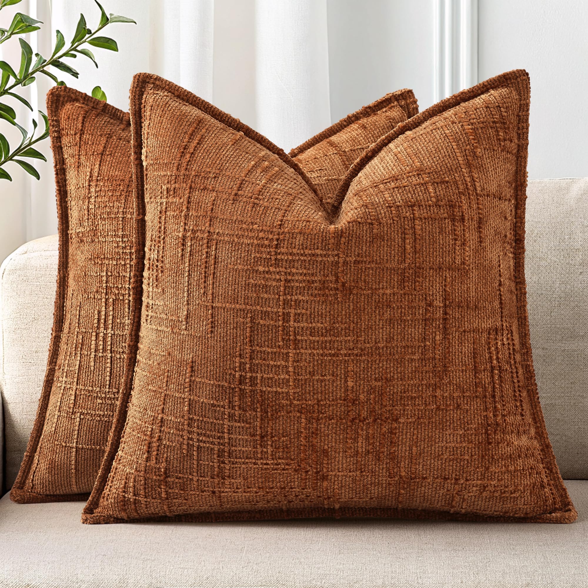 Photo 1 of ***BEIGE, NOT RUST*** decorUhome Chenille Fall Throw Pillow Covers 24x24 Set of 2, Soft Textured Slubby Modern Decorative Pillow Covers with Elegant Design for Couch, Sofa, Living Room, Rust