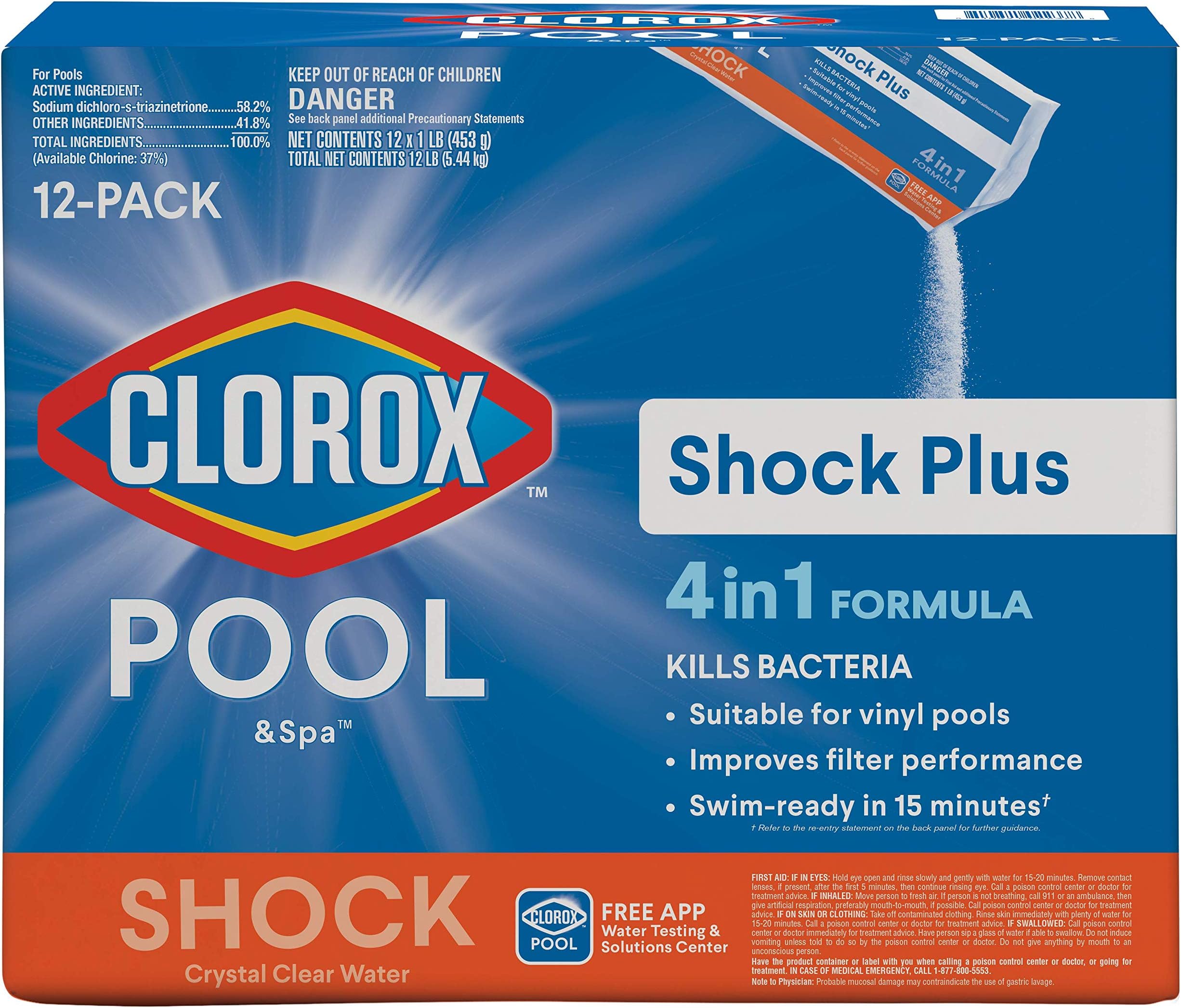 Clorox® Pool&Spa™ Shock Plus, for Crystal Clear Swimming Pool Water, Swim-ready in 15 minutes, Suitable for vinyl pools 12 Count (Pack of 1)