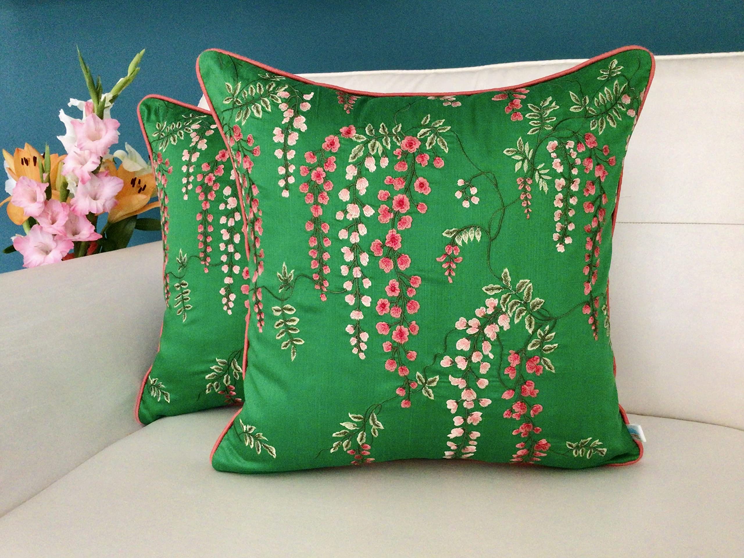 Wisteria Embroidered Cushion Covers - Ocean Blue -9