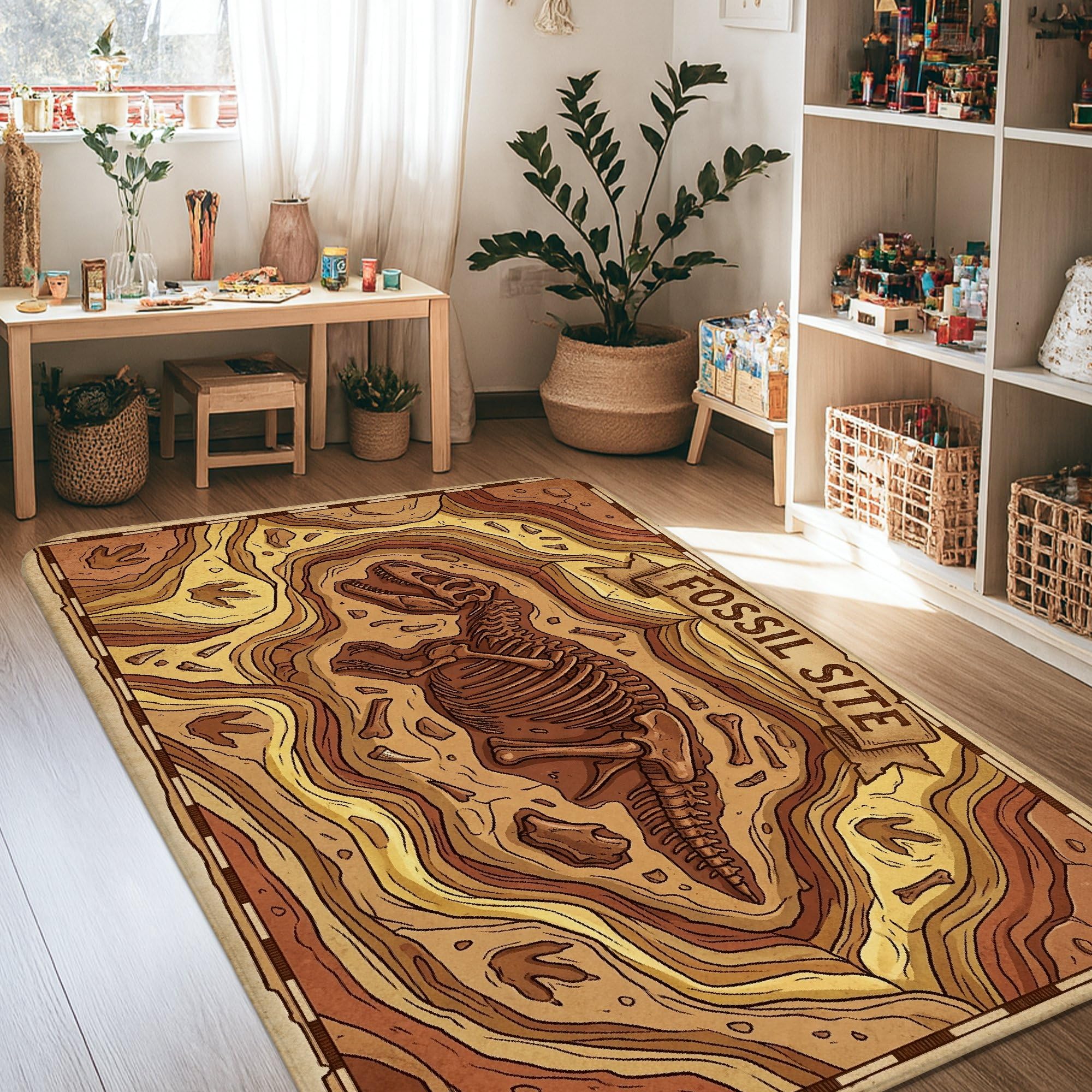 Tapis dinosaure marron au style aventure nature idéal pour la chambre à coucher