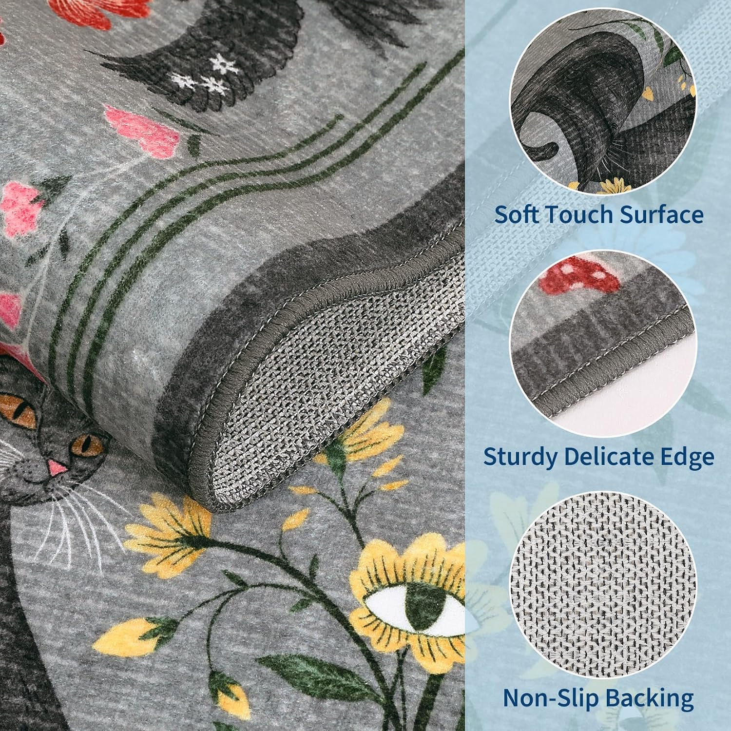 GarveeHome Round Area Rugs 5ft for Bedroom, Cat Grey Washable Circle Rug Soft Non Slip Mushroom Floral Floor Mat Carpet Indoor Thin Rug for Bedroom Dining Room Playroom Nursery... - Image 4