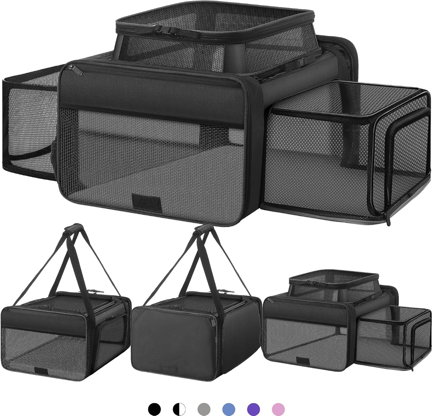 Top and 2 Sides Expandable Cat Carrier 18x13.5x9.5, TSA Airline Approved Dog Carriers for Small Dogs, Soft-Sided Pet Carrier with Self-Locking Zippers for Kitten,Rabbit, Puppy, Guinea Pig Black