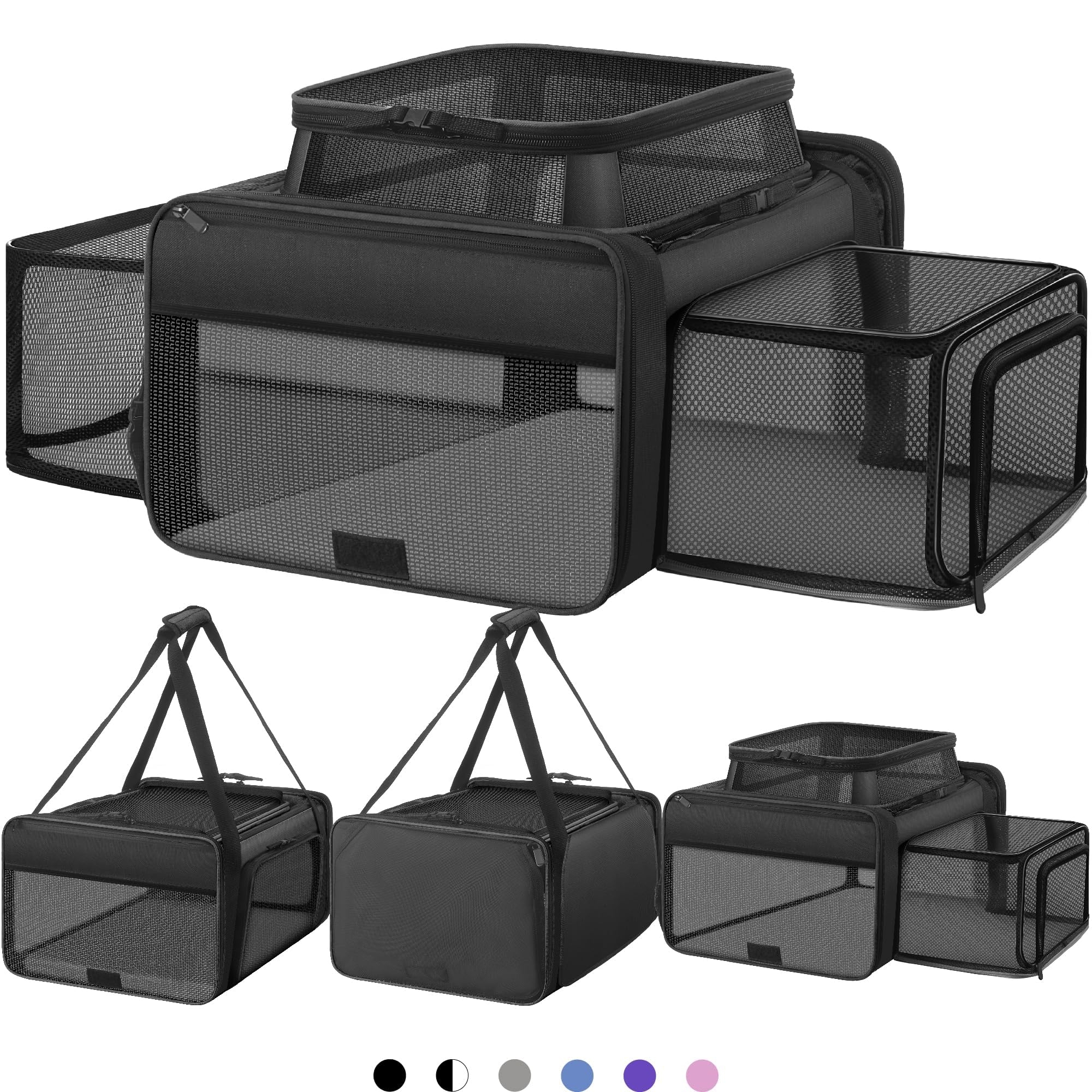 Top and 2 Sides Expandable Cat Carrier 18x13.5x9.5, TSA Airline Approved Dog Carriers for Small Dogs, Soft-Sided Pet Carrier with Self-Locking Zippers for Kitten,Rabbit, Puppy, Guinea Pig Black