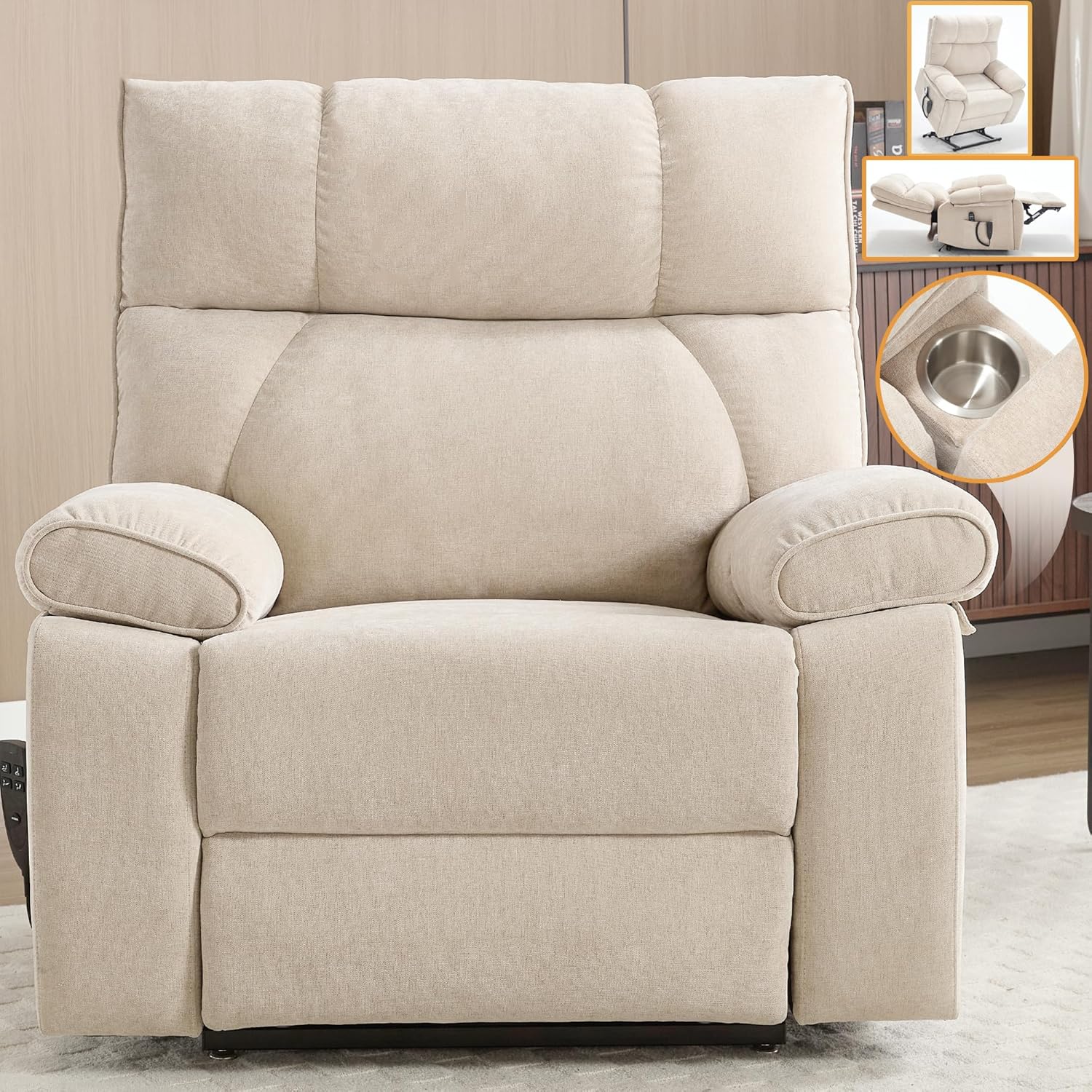 Trustyue Extra Large Dual Motor Power Lift Recliner Chair, Lift Chair with Massage and Heat for Elderly, Lay Flat Recliner, Standing Assistance, Stainless Steel Cup Holders, Chenille Beige