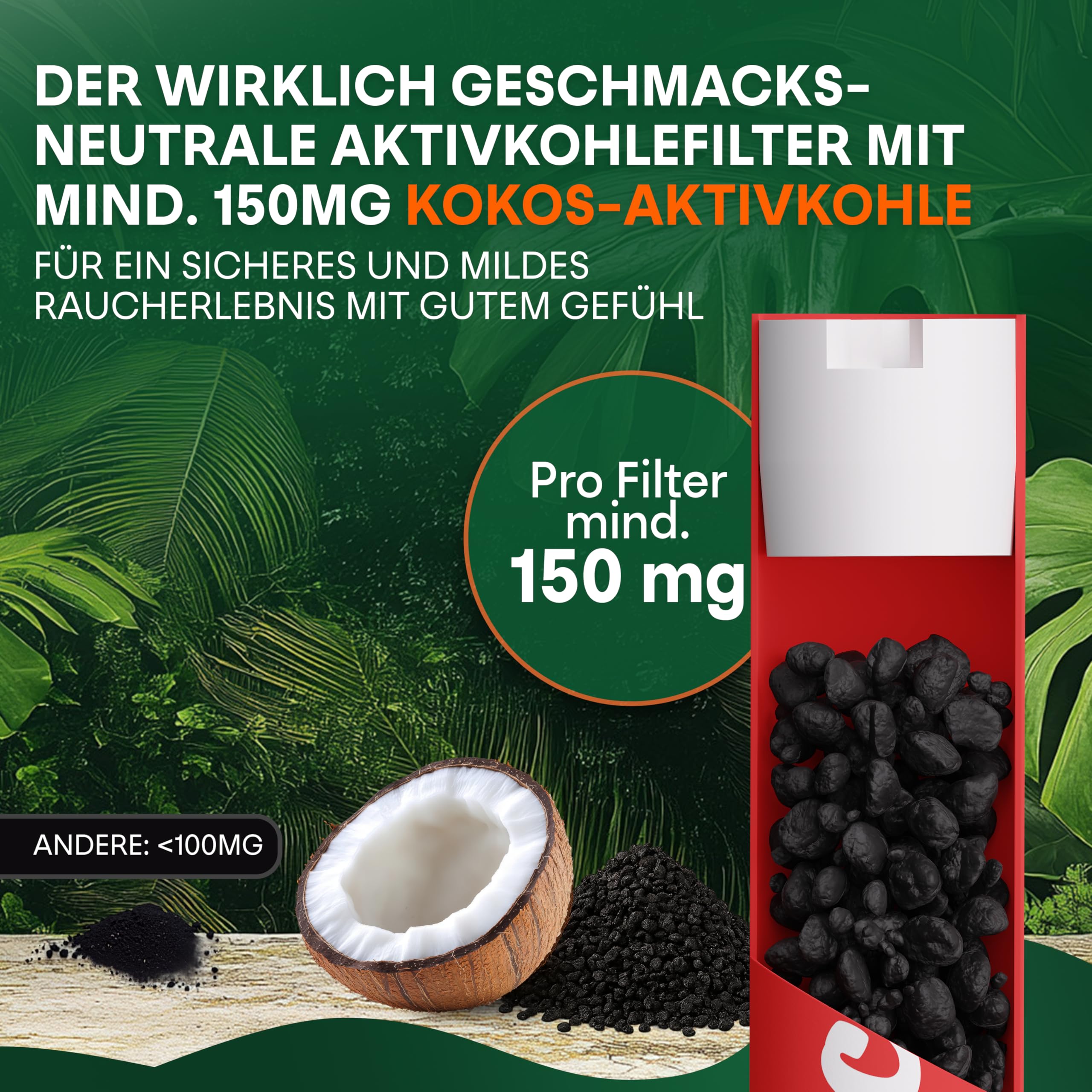 Filtr z węglem aktywnym, 6 mm, z skorupy kokosowej [500 + 50 szt.] – 550 cienkich końcówek z naturalnego węgla aktywnego z skorupy kokosowej do samodzielnego skręcania papierosów, po 27 mm