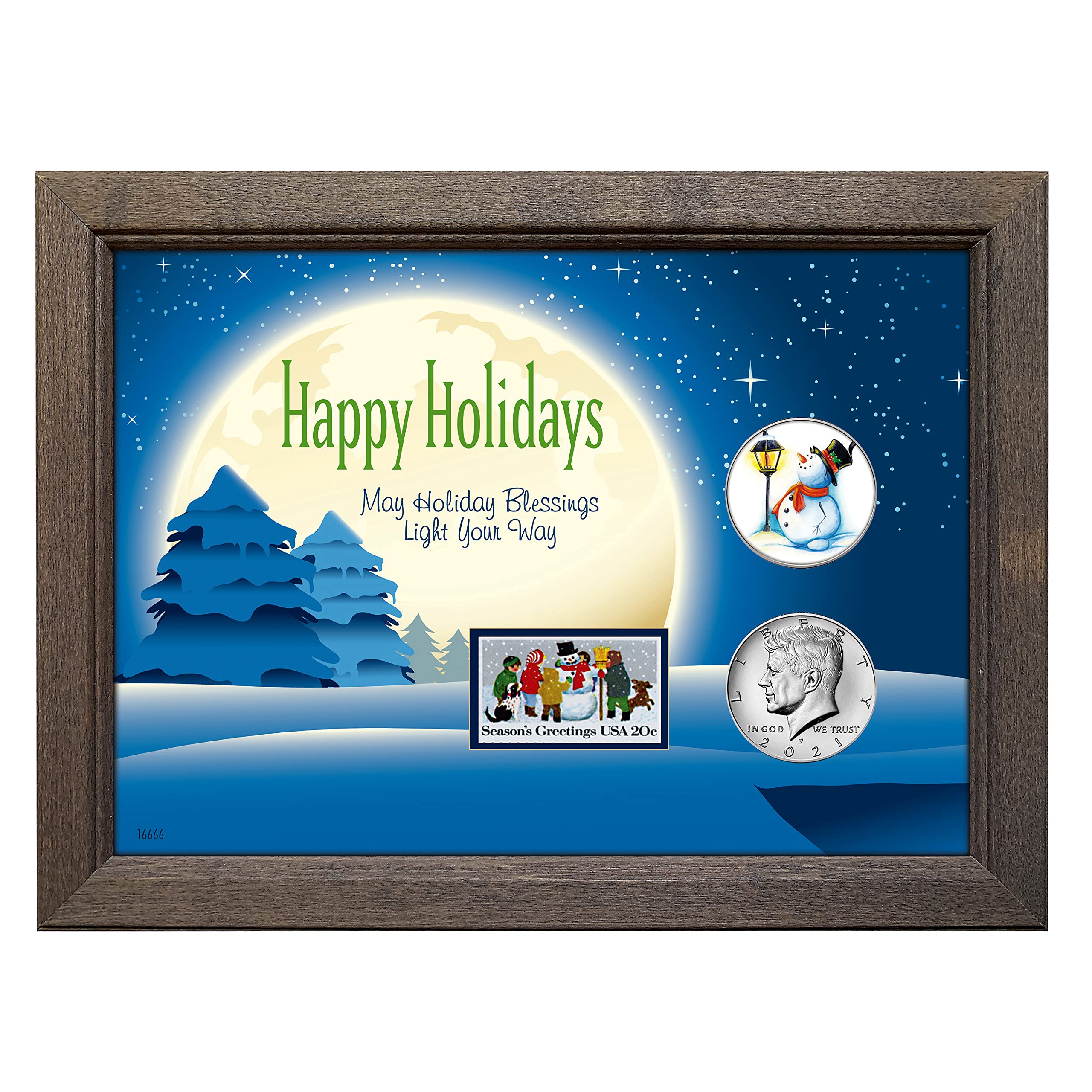 Happy Holidays Snowman Coin Frame | Genuine JFK Half Dollar | 5x7 Tabletop Decor | Certificate of Authenticity