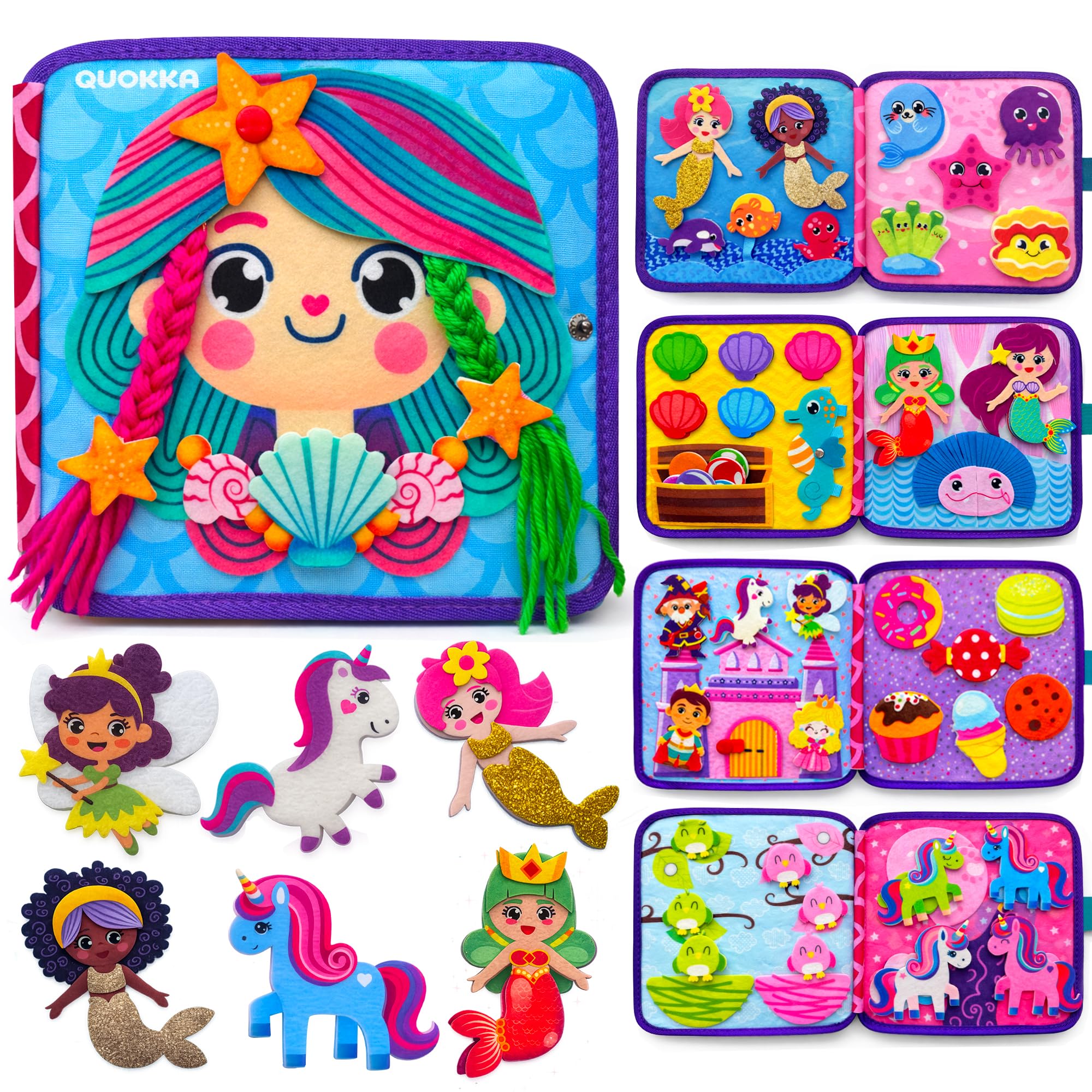 QUOKKA Busy Book For Toddlers 1-3 Unicorn & Mermaid — 10-Page Sensory Activity Set — Toddler Busy Book For Quiet-Time Learning & Travel Play — image 1