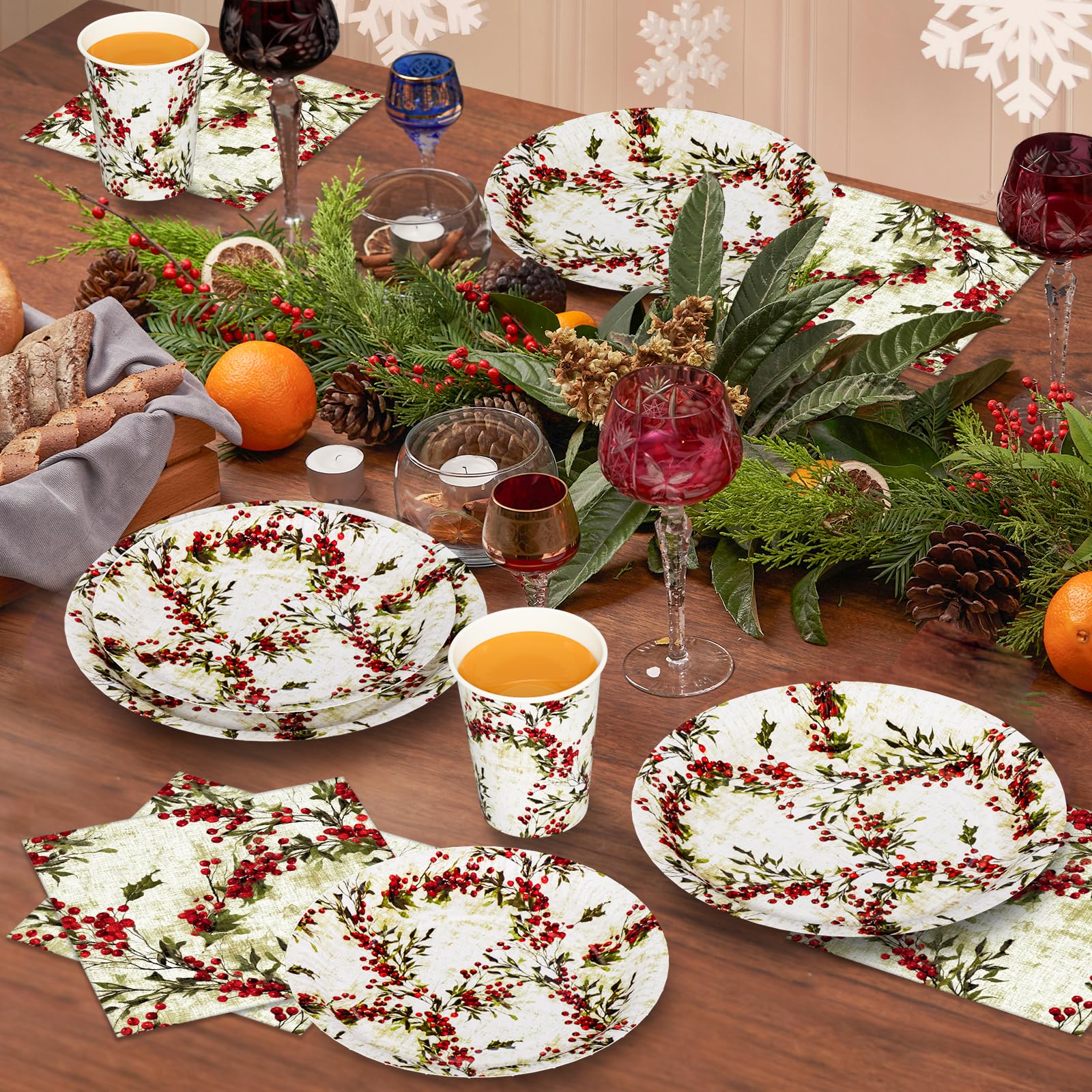 96 Pezzi Piatti, Tovaglioli e Bicchieri di carta Natale, Bacche Piatti di carta da dessert usa e getta Set di Stoviglie monouso per feste