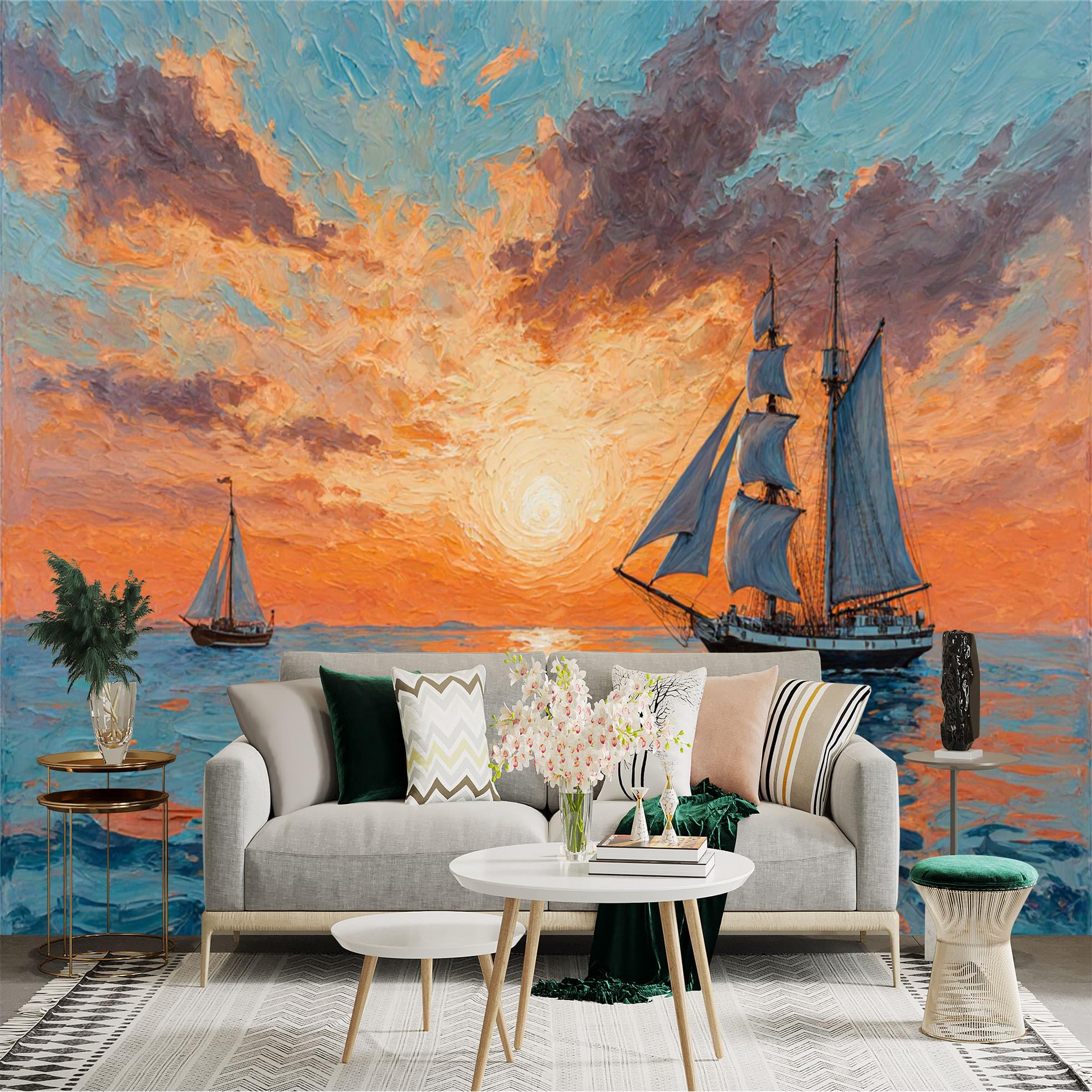 Custom Size Wall Sticker Mural， Sailing Ships on Ocean at Sunset with Colorful Sky and Reflections， for wall Decoration， peelandstick wall Decals.