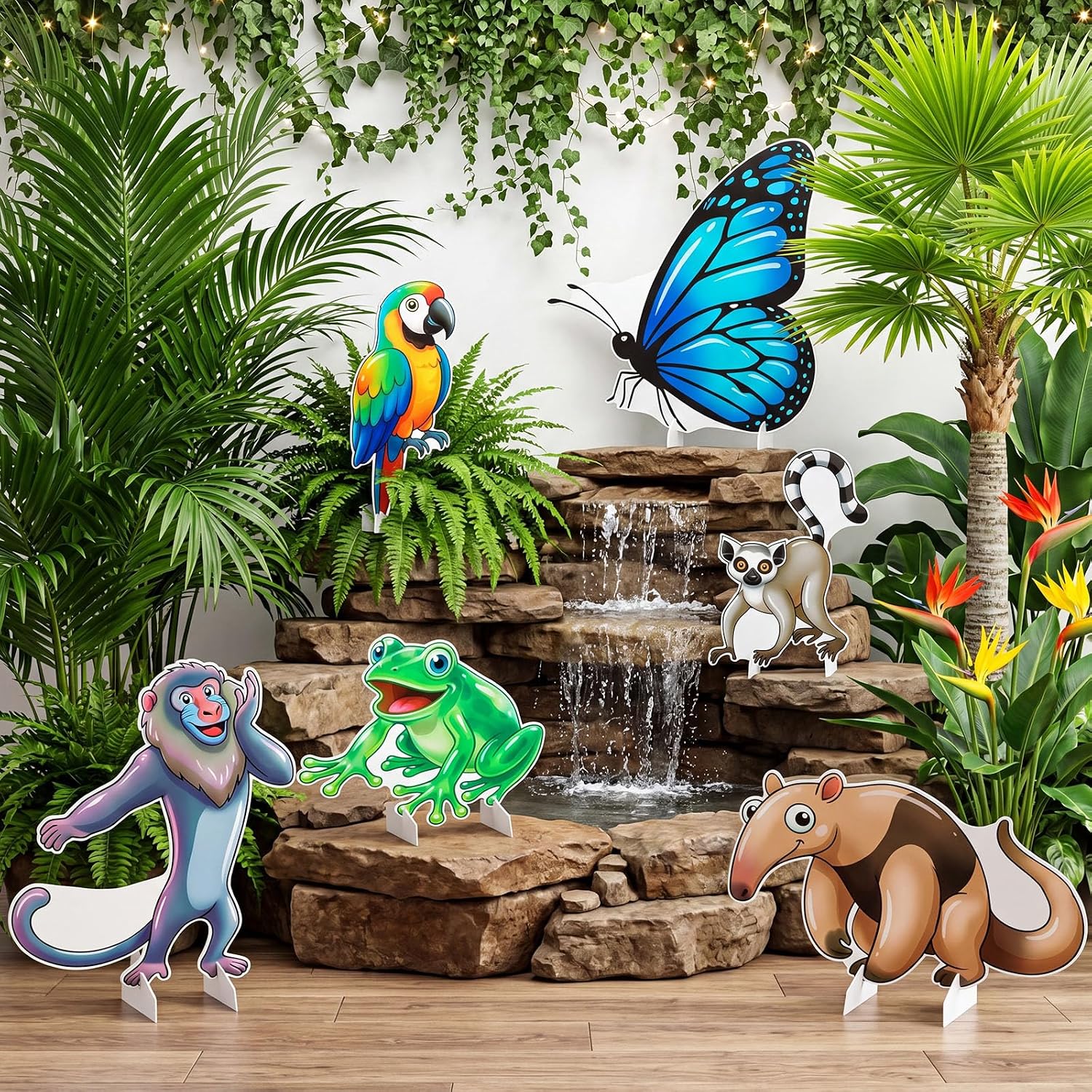Lineshading 6 Pcs Rainforest Falls Decorations Large 2026 VBS Jungle Safari Animals Cardboard Cutout Standup VBS Event Entrance Decor for Sunday School Religious Birthday Party Photo Booth Props