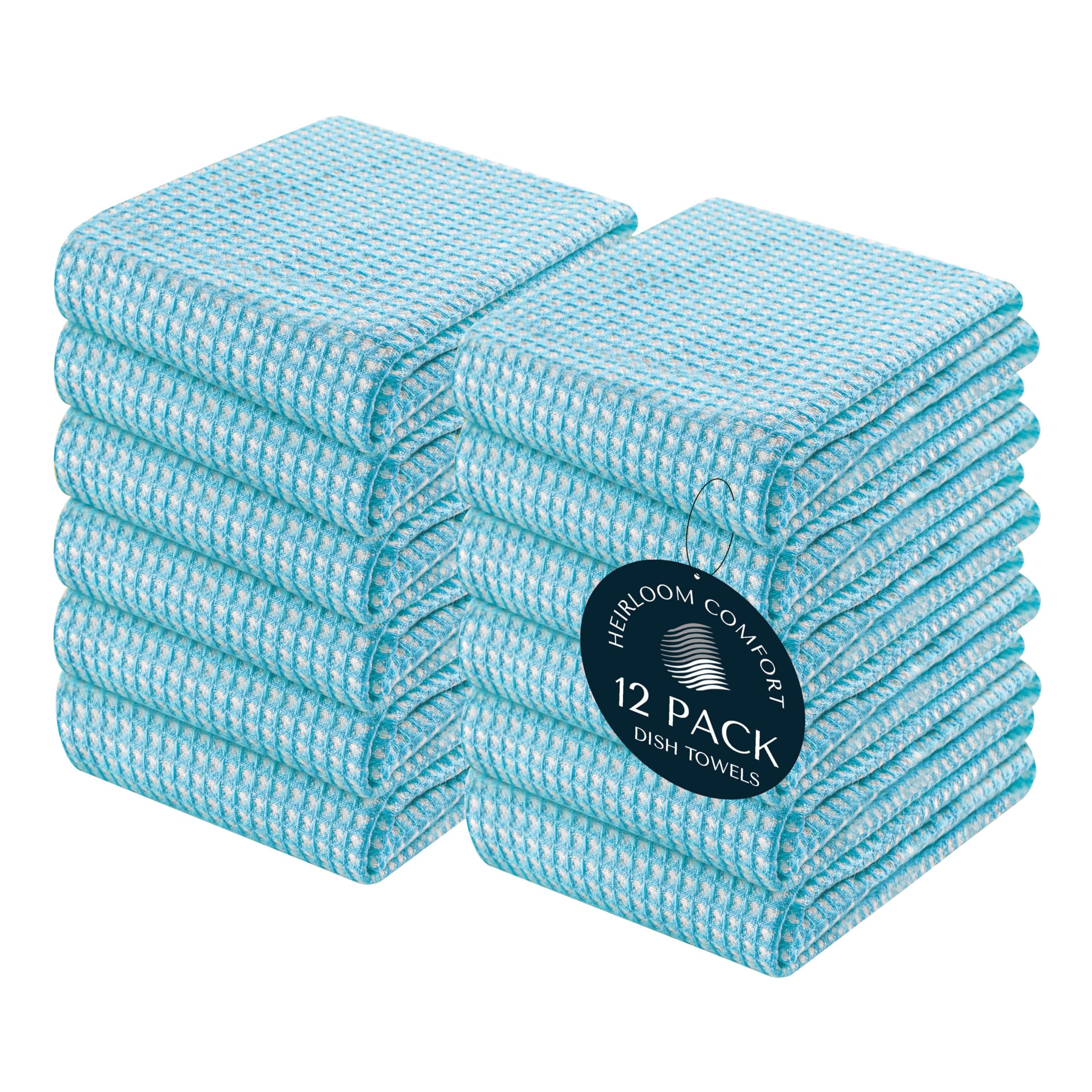 HEIRLOOM COMFORT 12 Pack Dual Tone Waffle Weave Kitchen Towels, 40x66 cm, 100% Cotton, Super Absorbent, Fast Dry, Durable Dishcloth Set, Soft Hand Towels, Cleaning, Machine Washable, Aqua Blue