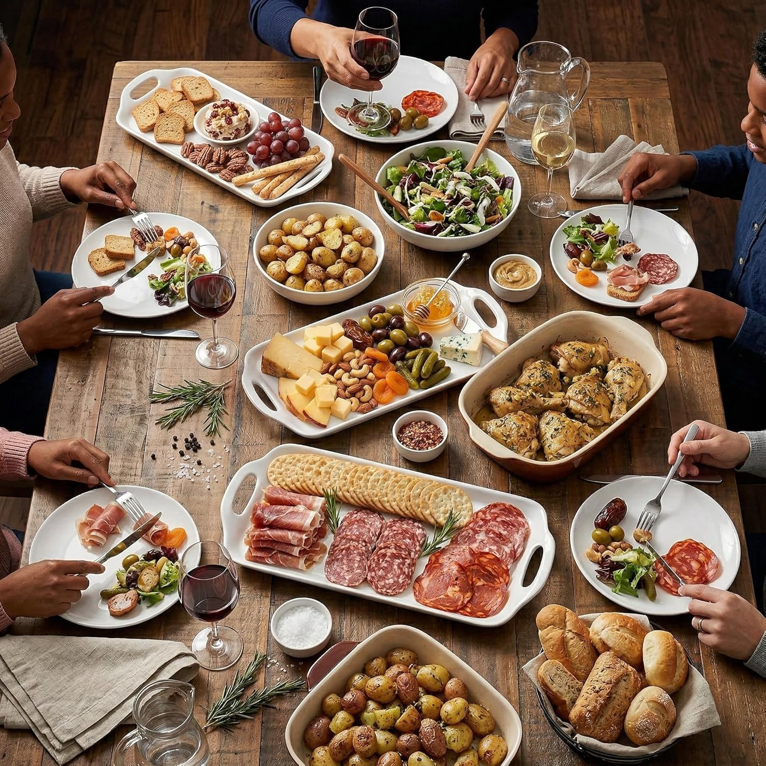 Dizada Serving Tray with Handles 16"x9.5" - White Porcelain Platters 3-Pack, Large Rectangular Serving Platters for Party, Entertaining, Fruit, Turkey, Dessert