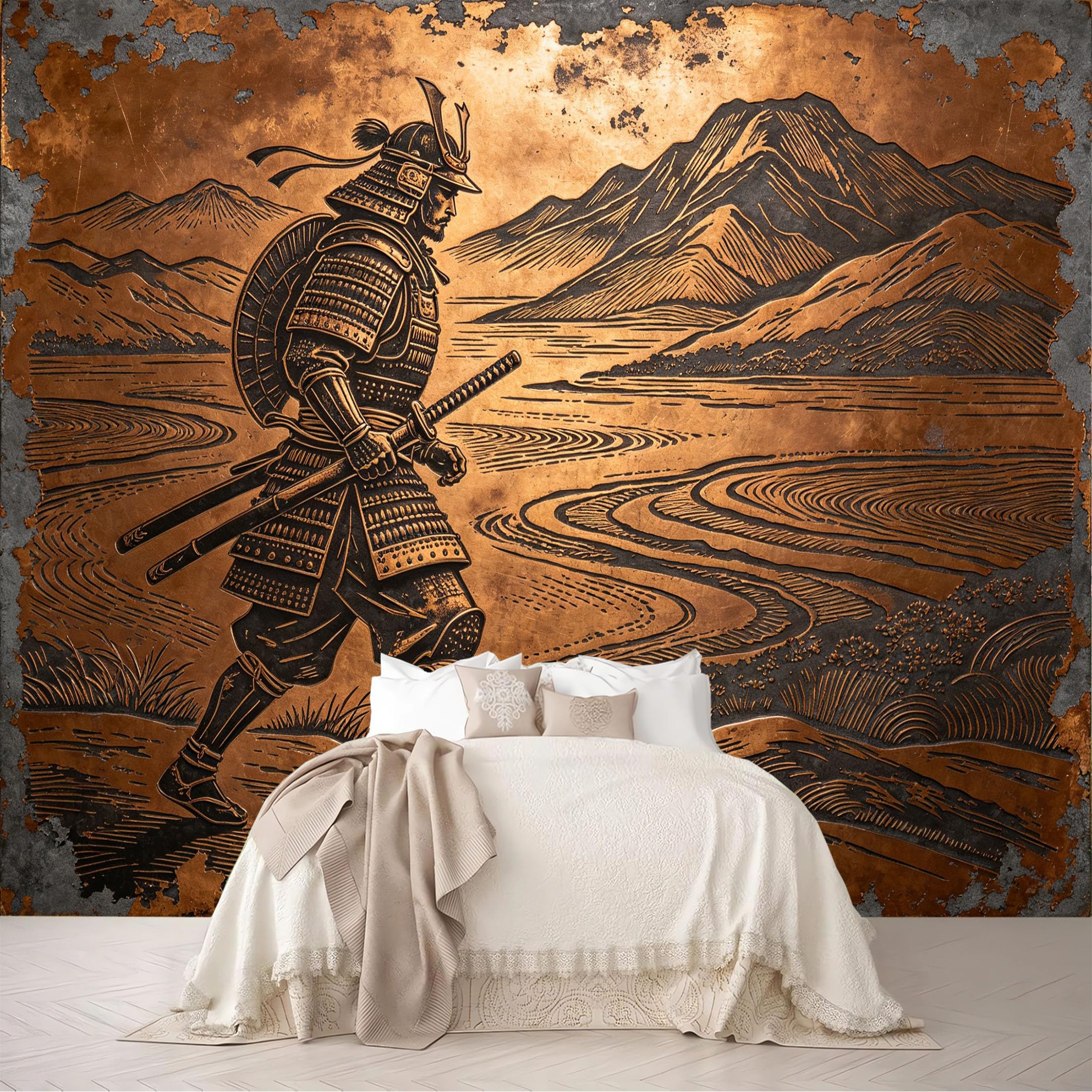 Dskjoviality Ab260706013 Custom Size Wall Mural Vintage Copper Engraved Samurai Mountain River Landscape Removable Self Adhesive Peel And Stick Wallpaper For Bedroom Living Room