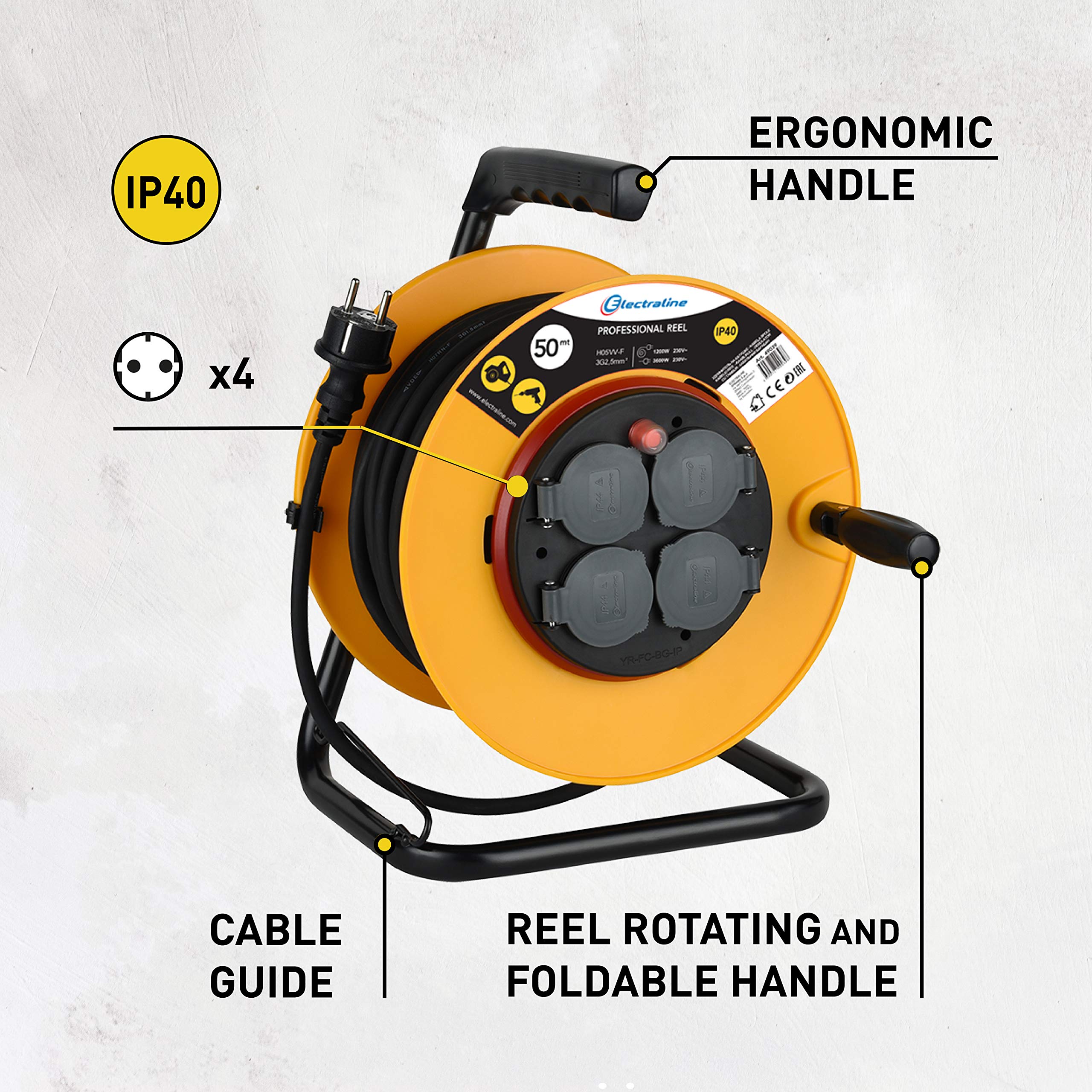 Electraline PRO-Line 49039 Prolunga Cavi con avvolgitubo con 4 Prese di Corrente IP40, 50 M, Cavo H05VV-F Sezione 3G2.5 mm², Giallo