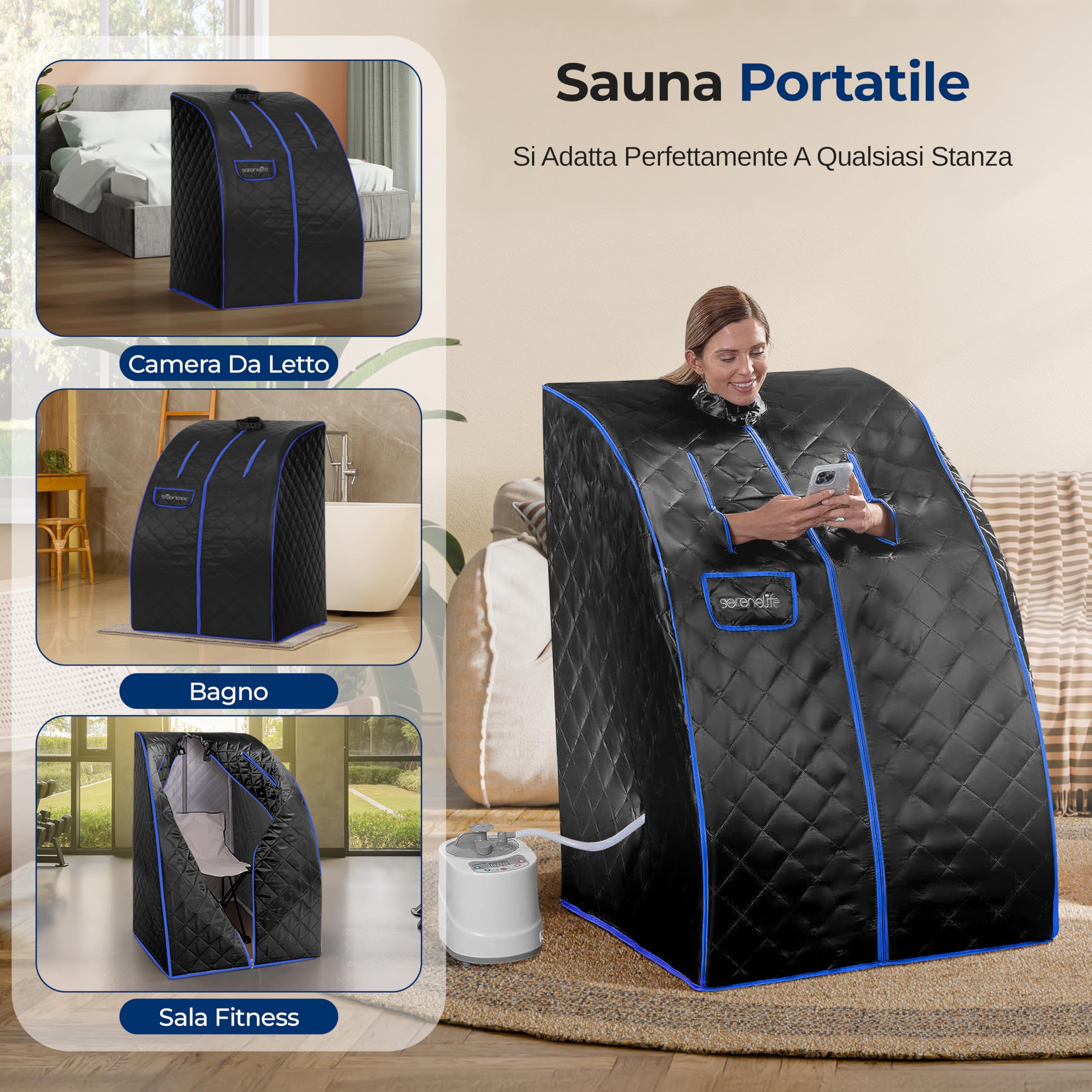 SereneLife Sauna a Vapore Portatile con Telecomando e Sedia Pieghevole per Una Persona, Nero