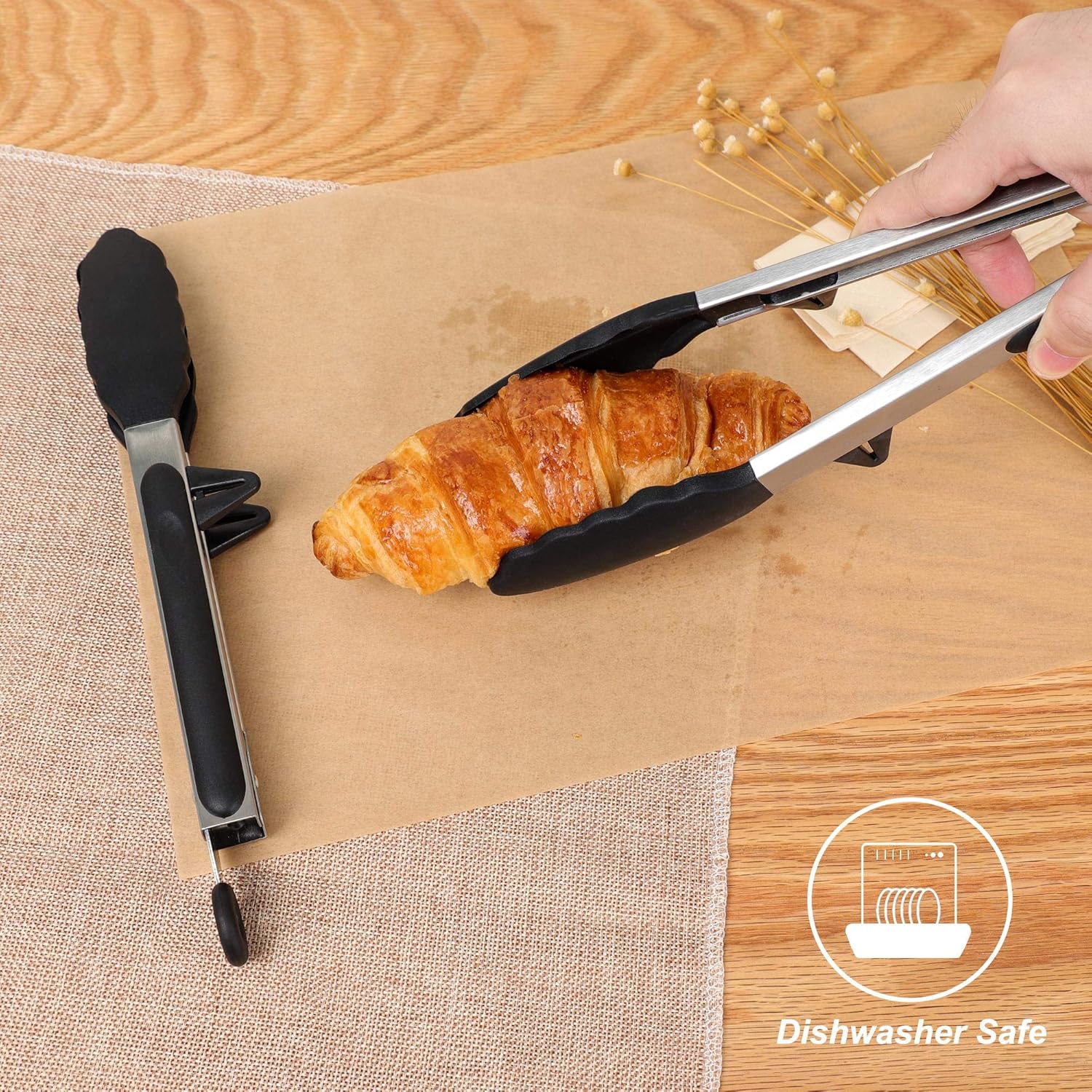 uxcell Kitchen Tong Set for Cooking Silicone Stainless Steel Tongs with Stands Toaster Serving BBQ Non-stick Locking Tong 2Pcs Black