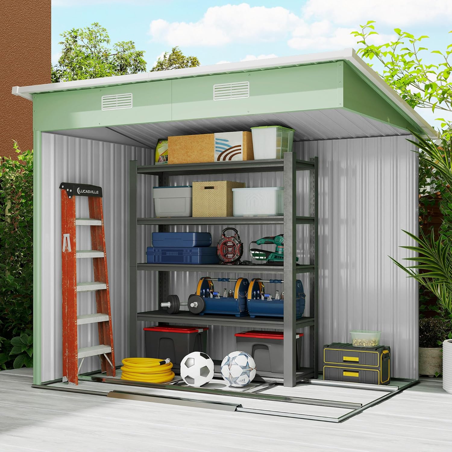 Интерьер view of the assembled Outsunny shed, showing ample storage space with shelving units and various tools and equipment stored neatly.