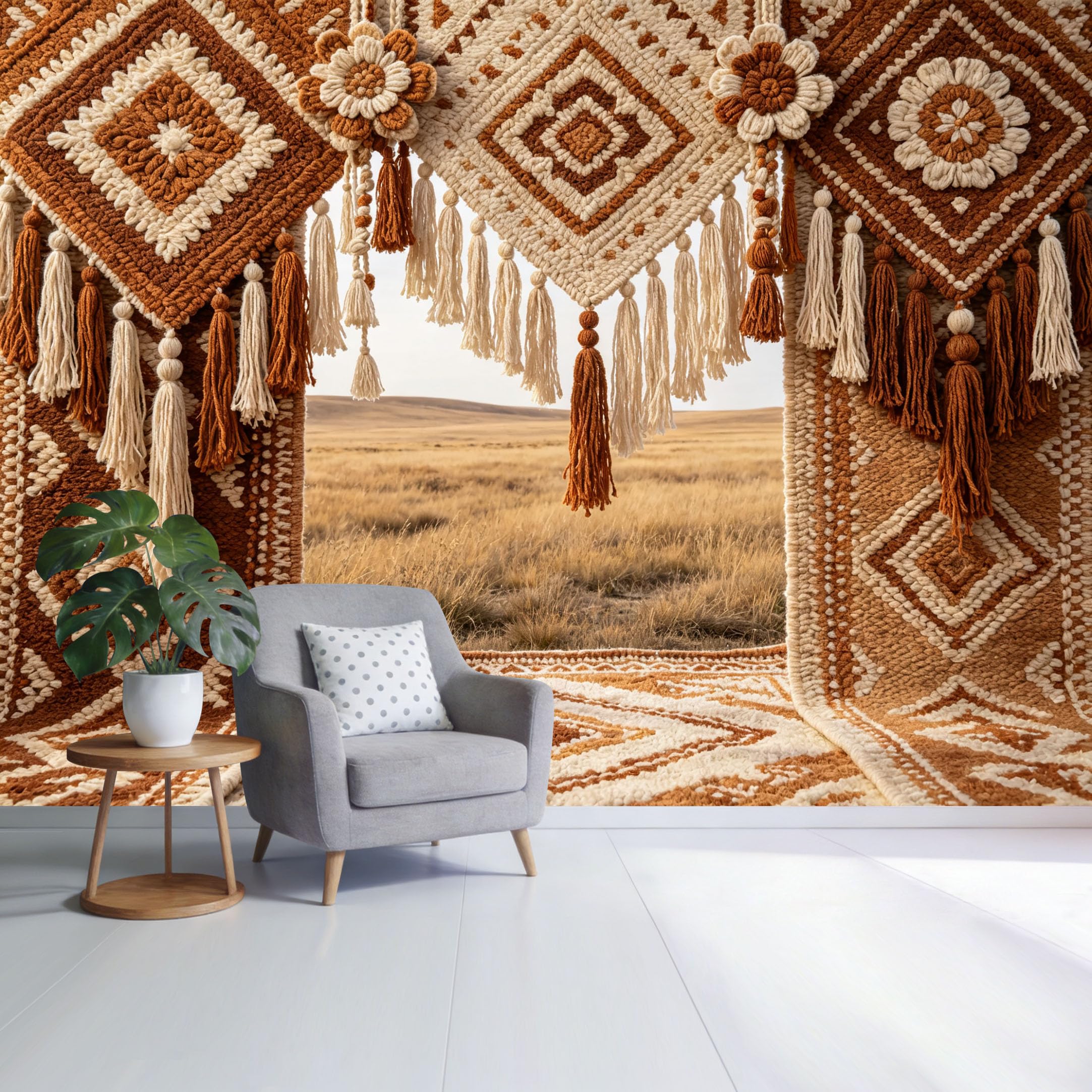 Custom Size Wall Mural Bohemian Geometric Tassel Pattern Textured Fiber Art Western Farmhouse Style SelfAdhesive Wall Fabric Removable Wallpaper for Home Office Decor
