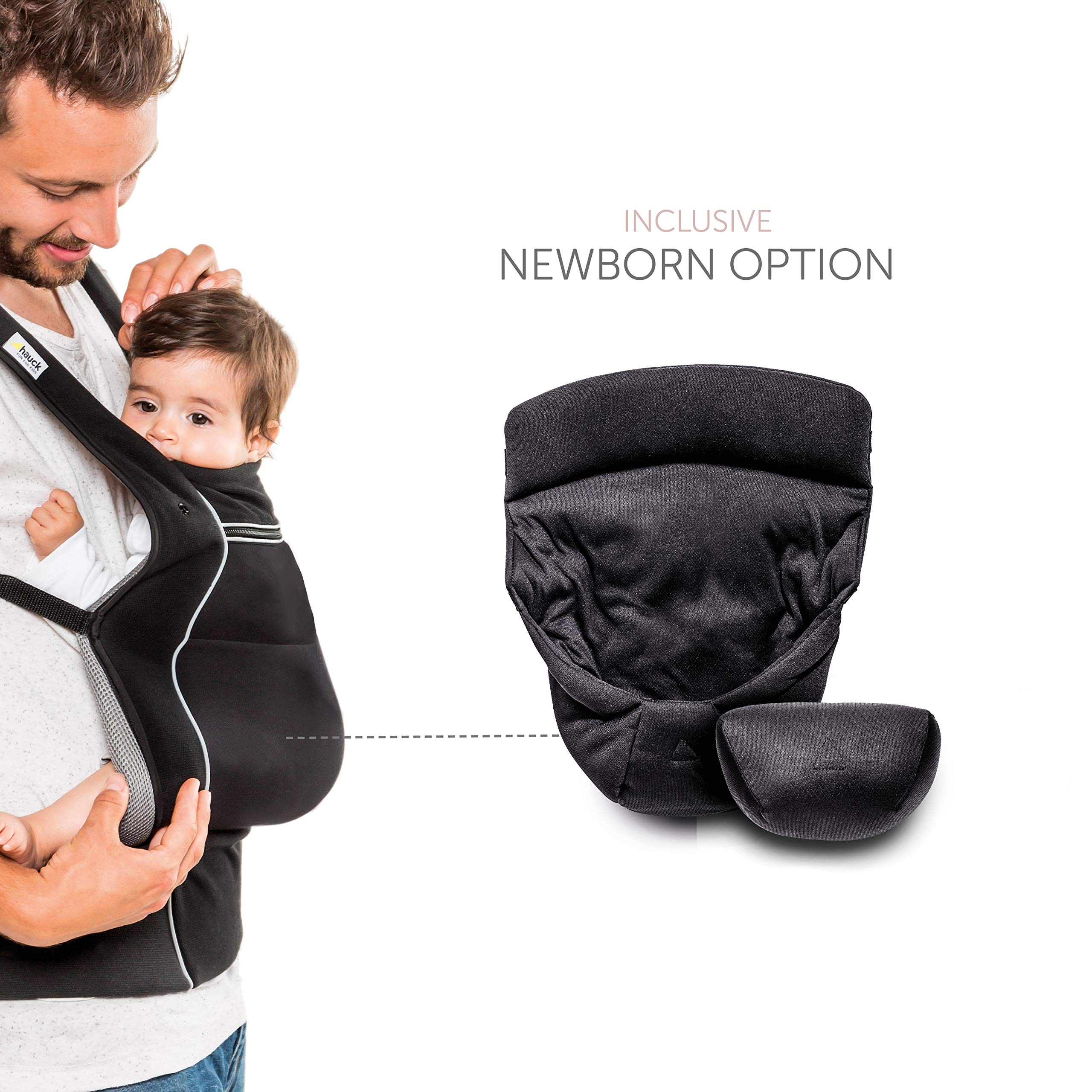 Hauck Close to Me, ergonomiczne nosidełko dla noworodka, przednie, oddychające, regulowane nosidełko dla niemowląt od urodzenia do 12 kg, pas podtrzymujący lędźwie, czarne