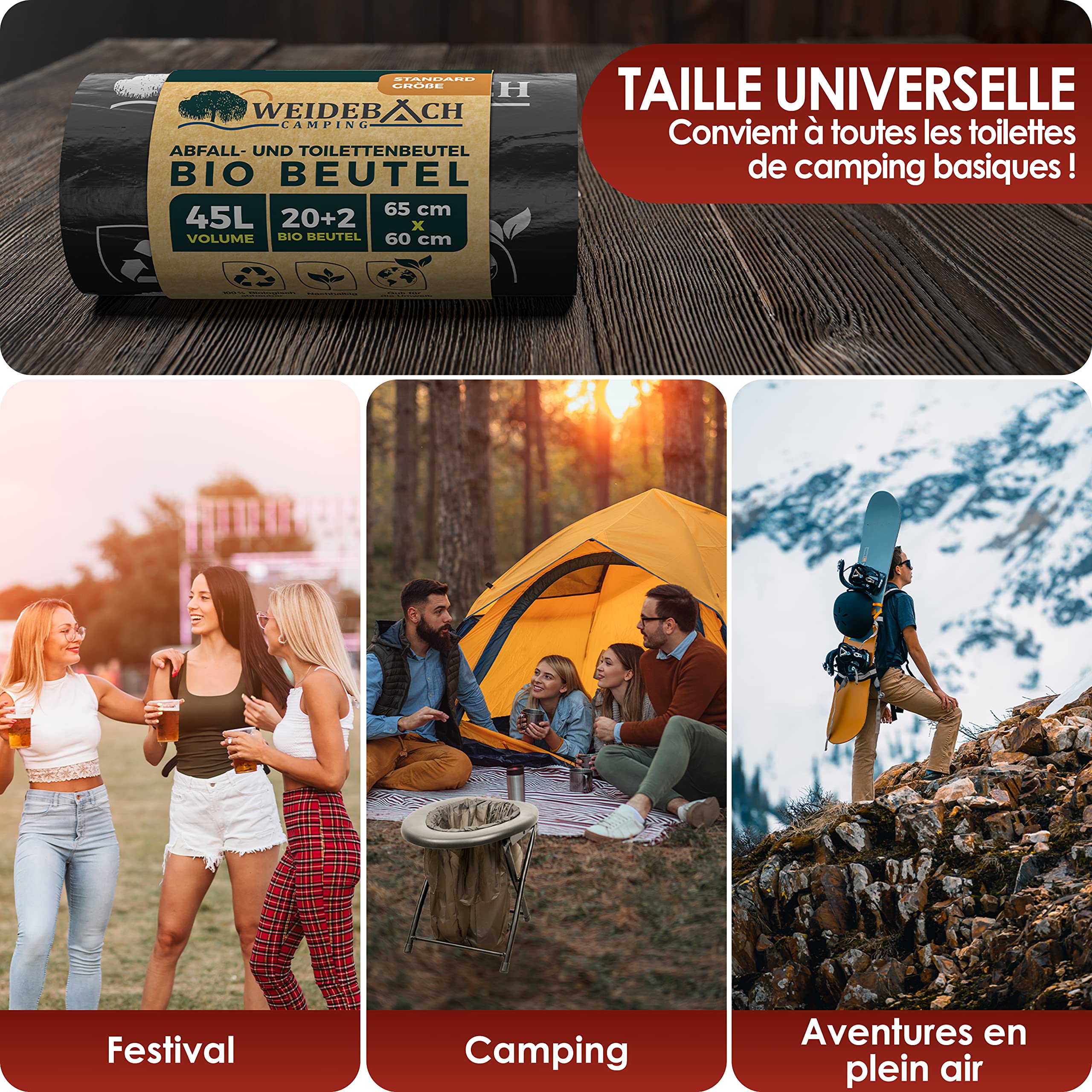 WEIDEBACH® 22 ou 44 pièces sacs pour toilettes biodégradables, 45L sacs pour toilettes, sacs pour toilettes de camping, 100% étanches, sacs toilettes d'urgence, sacs pour toilettes pliables, sacs à caca