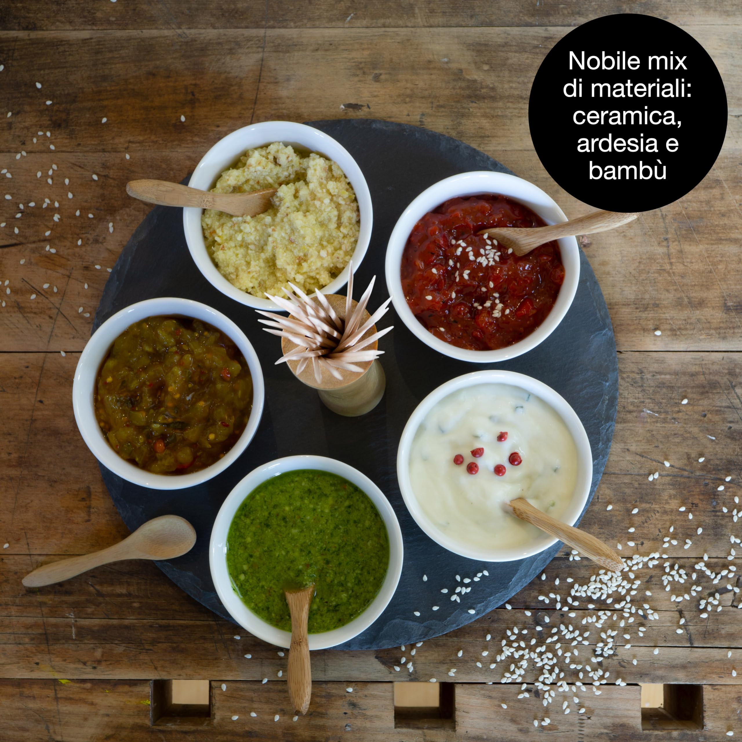 Moritz & Moritz set da 11 pz Serving Set Sesame - vassoio in ardesia con manico in legno ciotole in ceramica cucchiai di bambù - per antipasti e snack