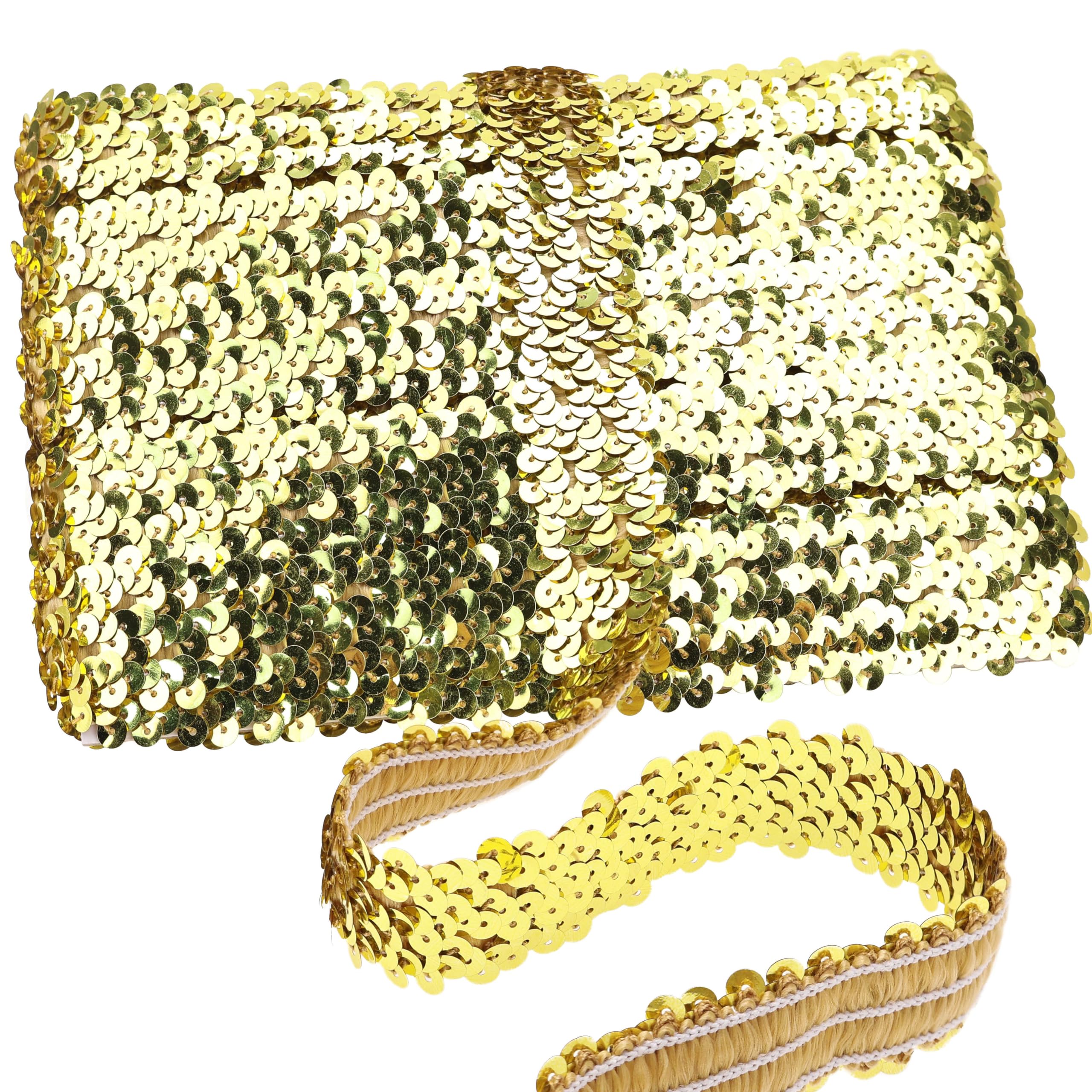 ZNZAKKA Gold Elastic Sequin Ribbon Trim 10 Yards Flat Glitter Stretch Ribbon for Dance Dress Embellish Headband Supplies (Gold)