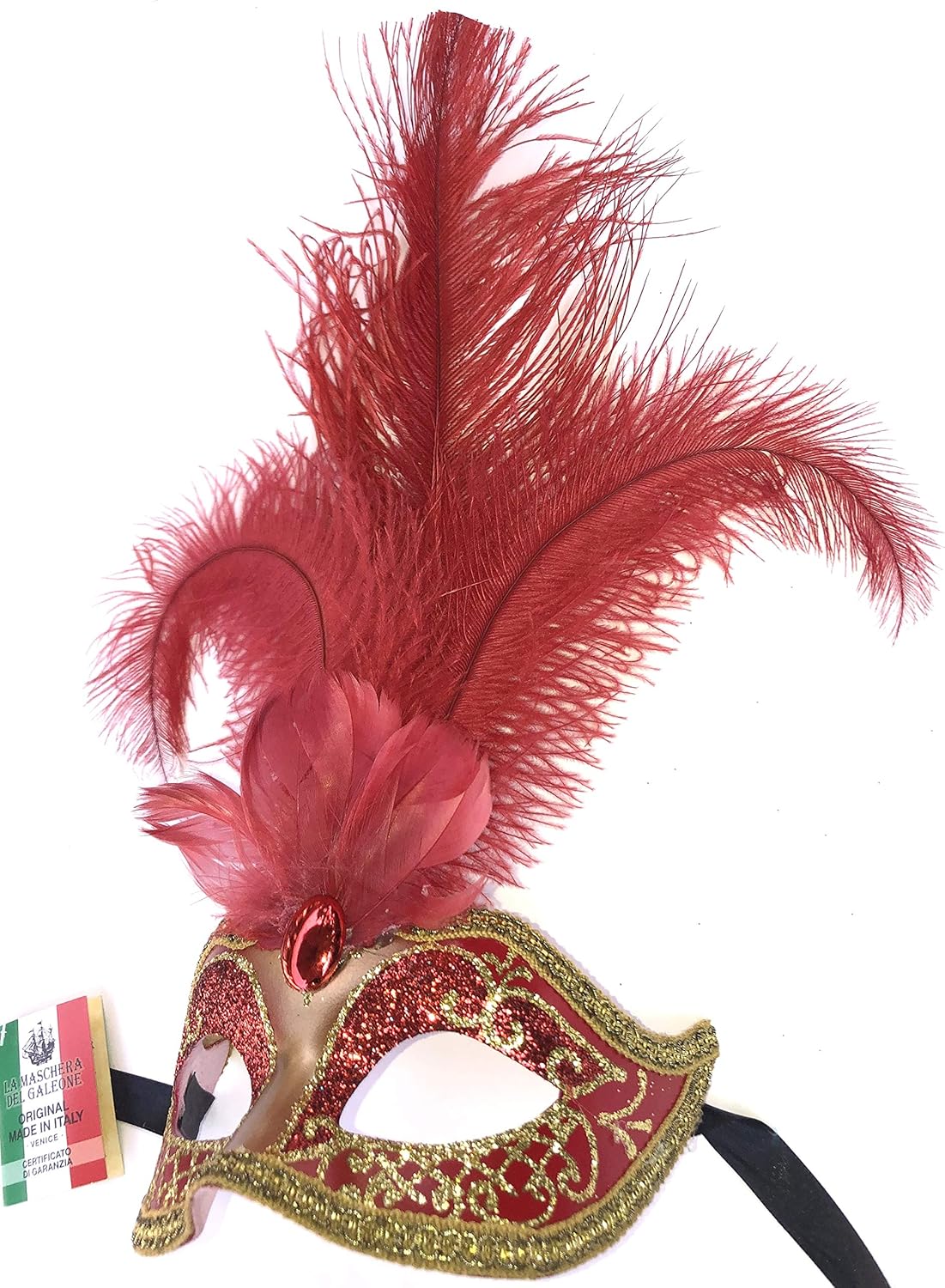 Red Gold Ciuffo Star Feather Venetian Masquerade Lingerie Mask
