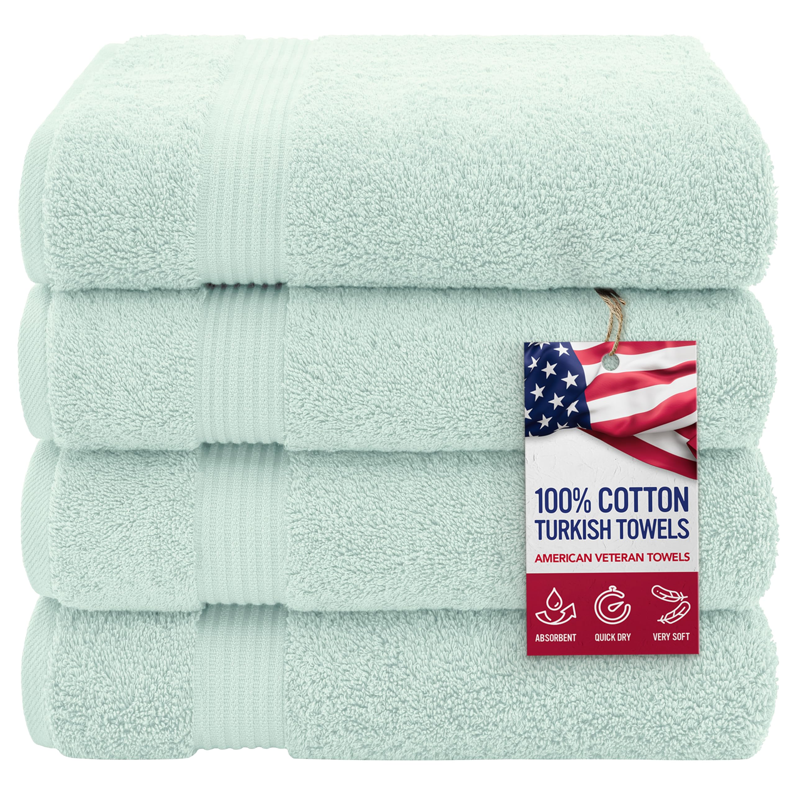 American Veteran Towel, 100% Cotton Turkish Bath Towels for Bathroom 4 Pack, 27x54 Extra Large Premium Soft Drying Bathroom Towels, Mint