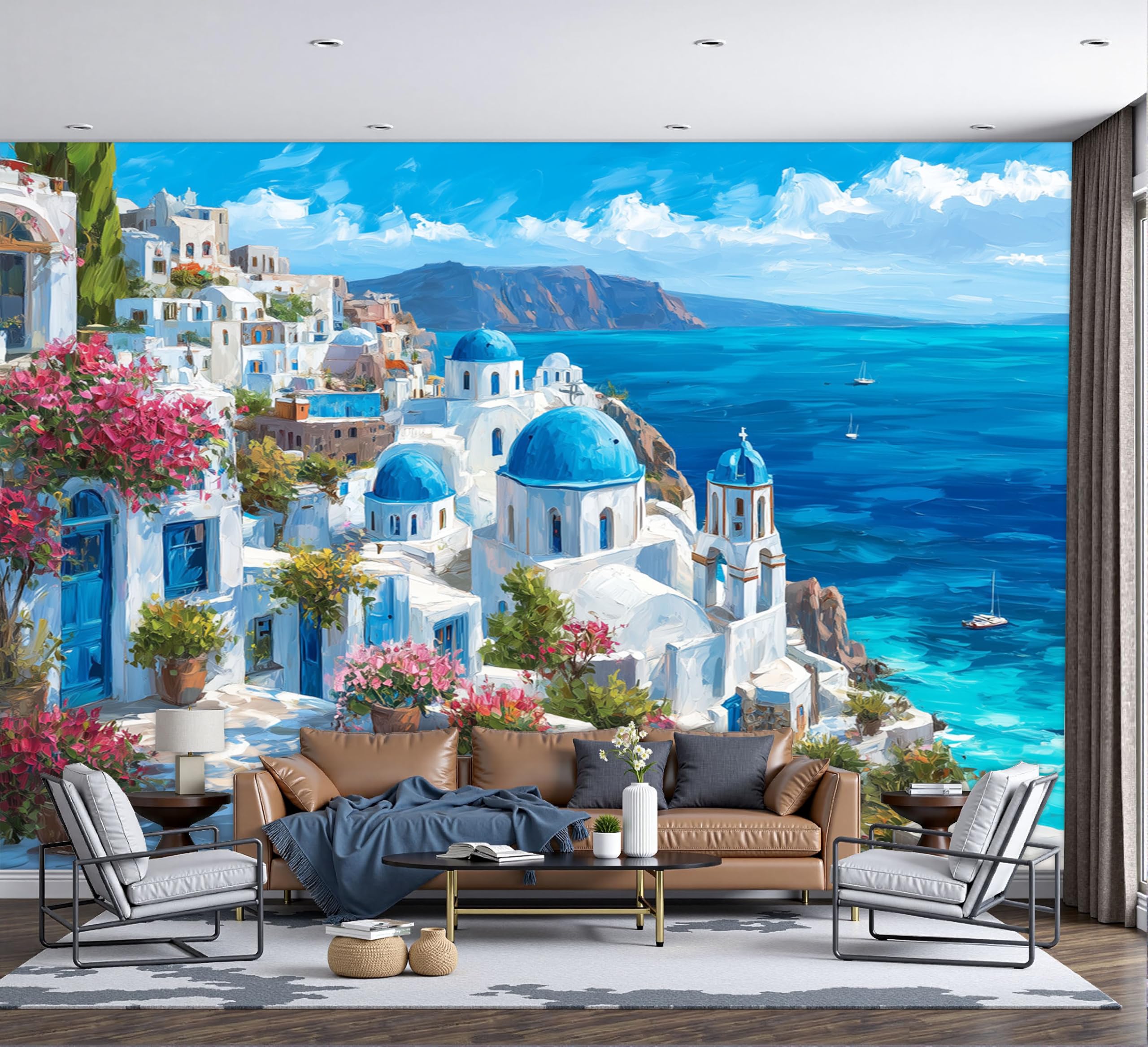 Fresque Murale de Salon Style Peinture à l'Huile avec Paysage de Mer et Église