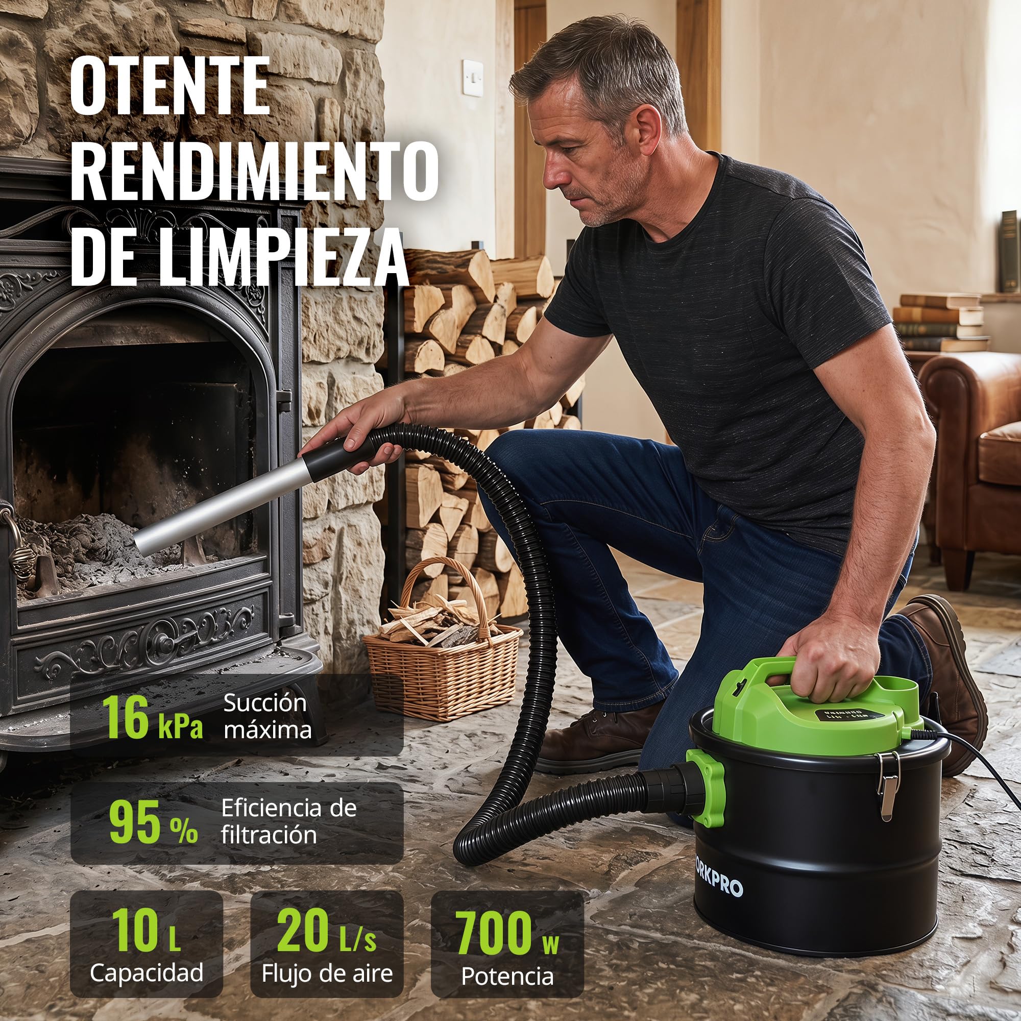 WORKPRO Aspirador de Cenizas 10L 700W con Función Soplado | Aspiracenizas para Chimeneas, Estufas y Barbacoas, Depósito Metálico, Filtro Lavable, 16 kPa, Tubo Metálico