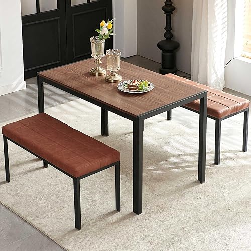 Miniatura 4 de Mesa de comedor de 47 pulgadas, mesa de madera de nogal para interiores con efecto grano de nogal con patas de metal, mesa de cocina rectangular