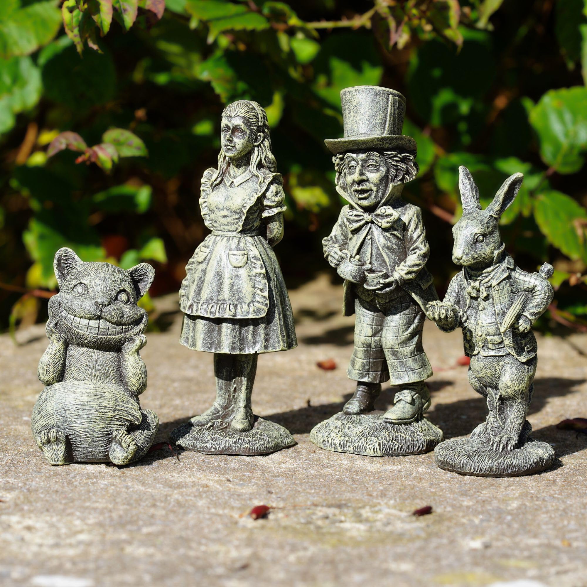 Alice in Wonderland Set 4 Garden Figures | Resin Home Ornament Statue Mad Hatter Cheshire Cat White Rabbit Outdoor Indoor Decor Sculptures