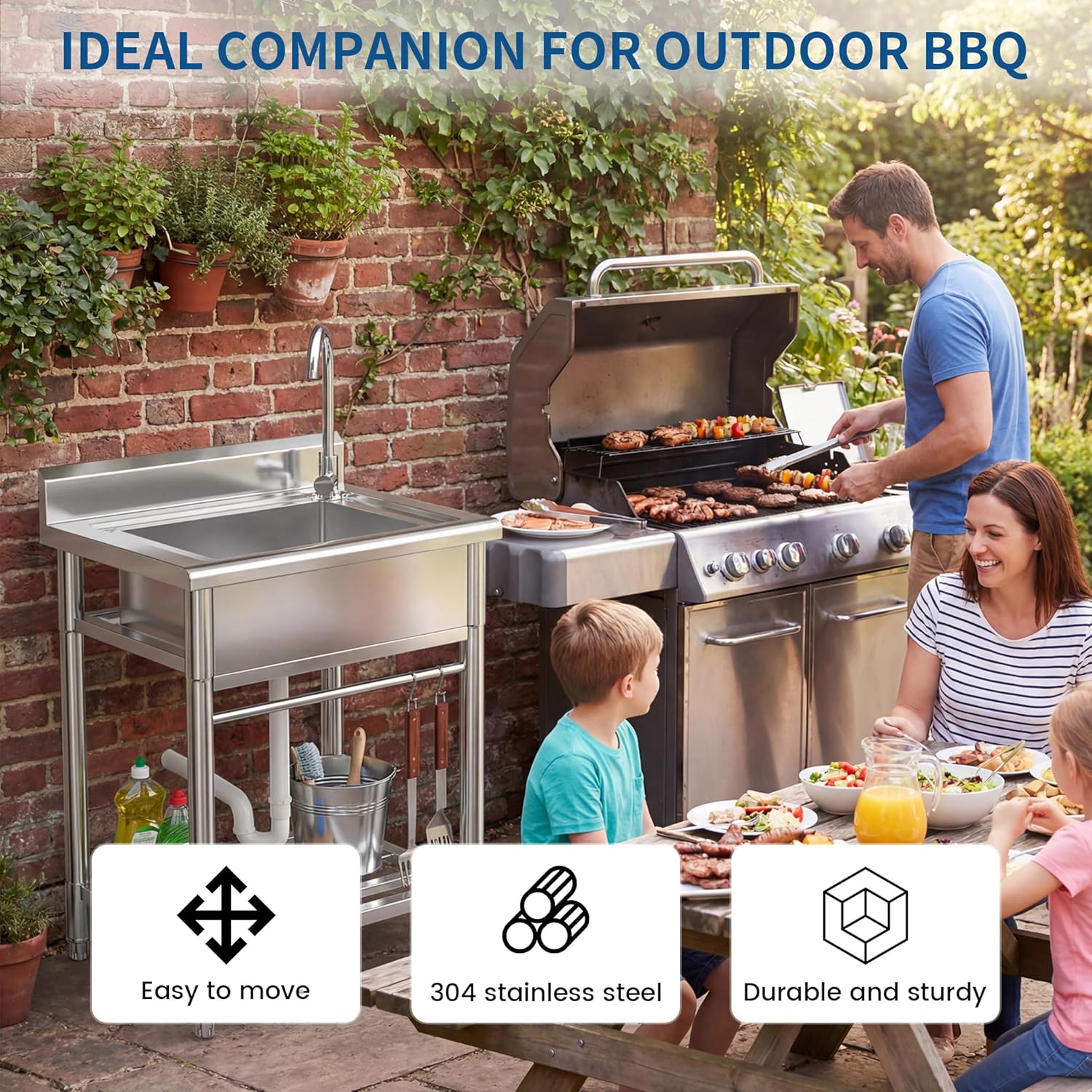 Utility Sink Stainless Steel Sink, Free Standing Single Bowl with Cold and Hot Water Pipe for Work Shop Garage Basement Outdoor Kitchen (Handemade R10 Bowl)