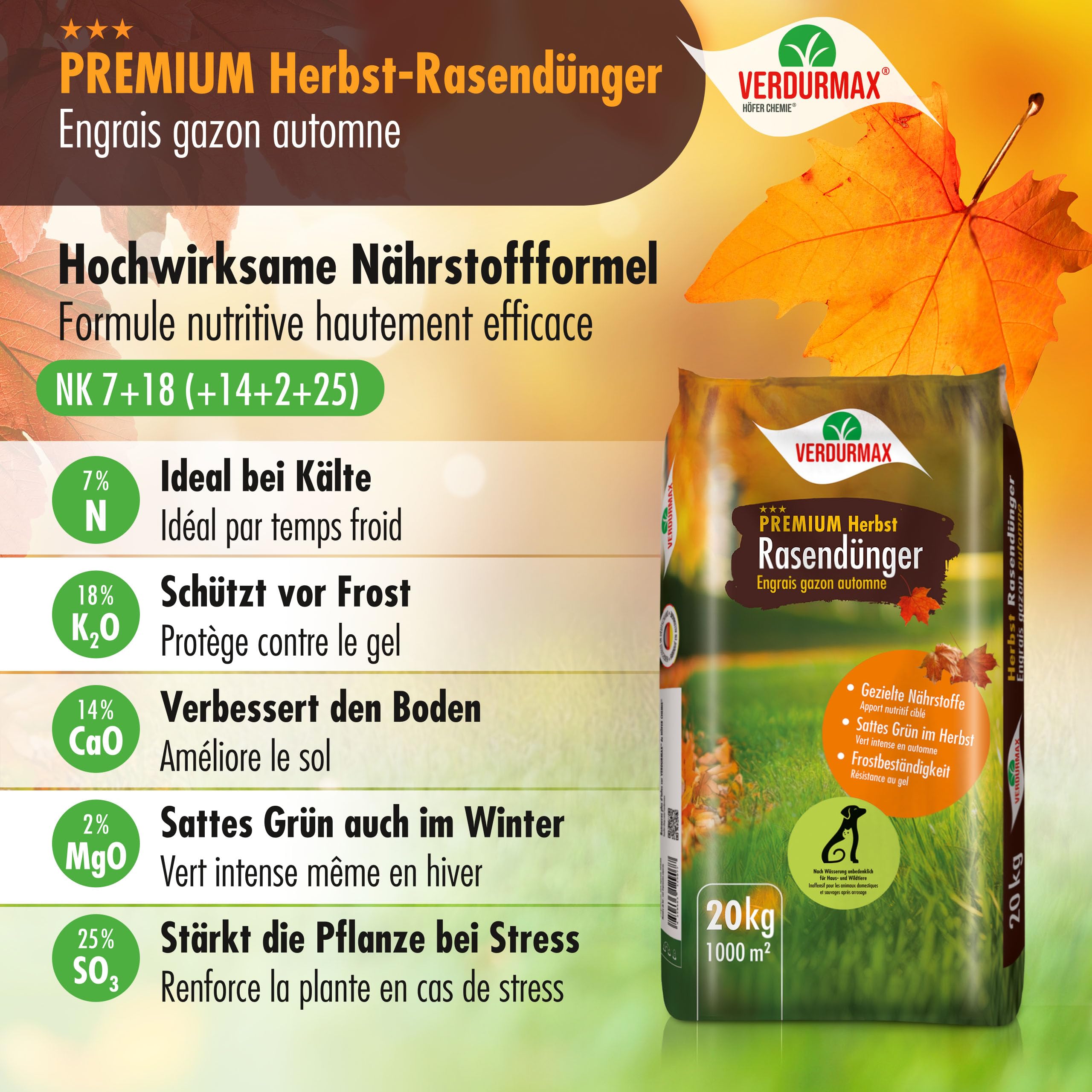 Verdurmax 1 X 20 Kg Engrais Pour Gazon D'automne De Qualité