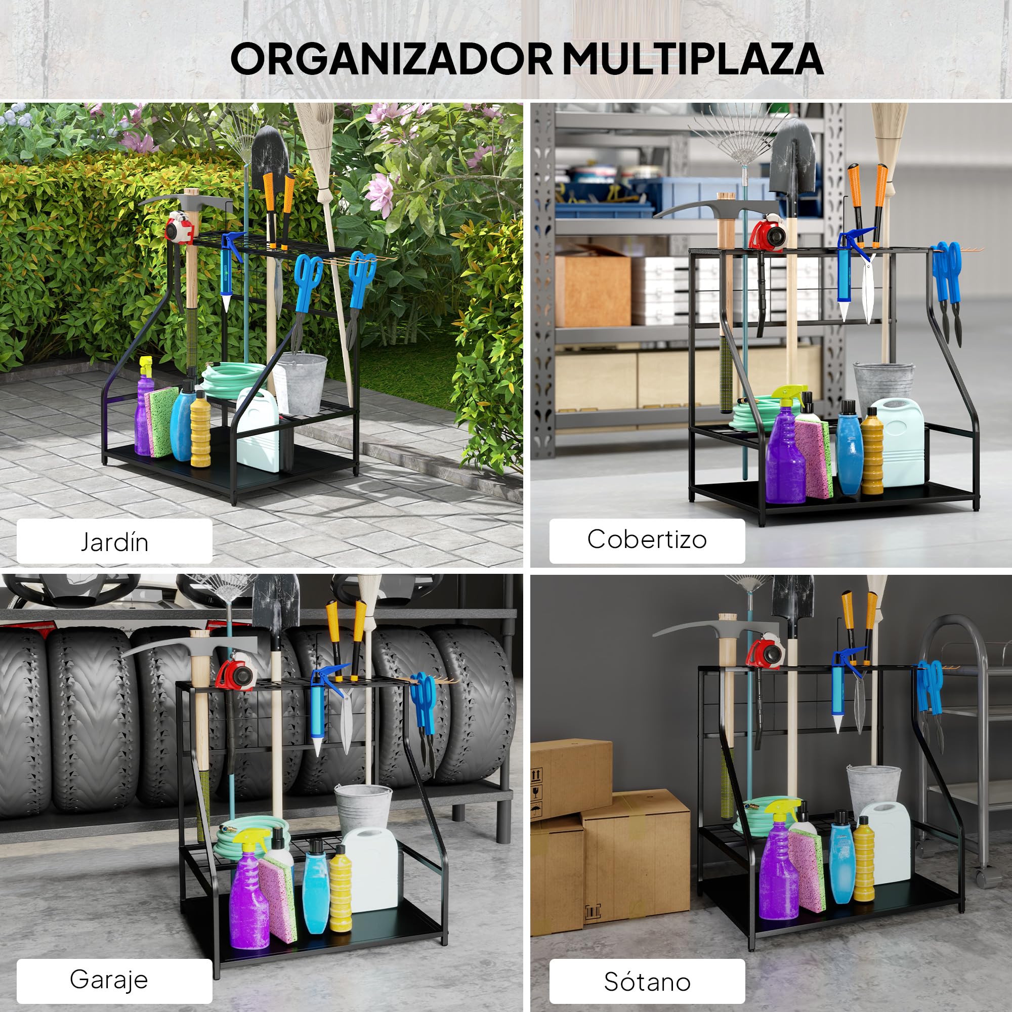 Outsunny Organizador de Herramientas de Jardín, Estantería de Almacenamiento de 3 Niveles para Garaje con Ganchos, para Palas, Rastrillos, Escobas, Soporte de Metal