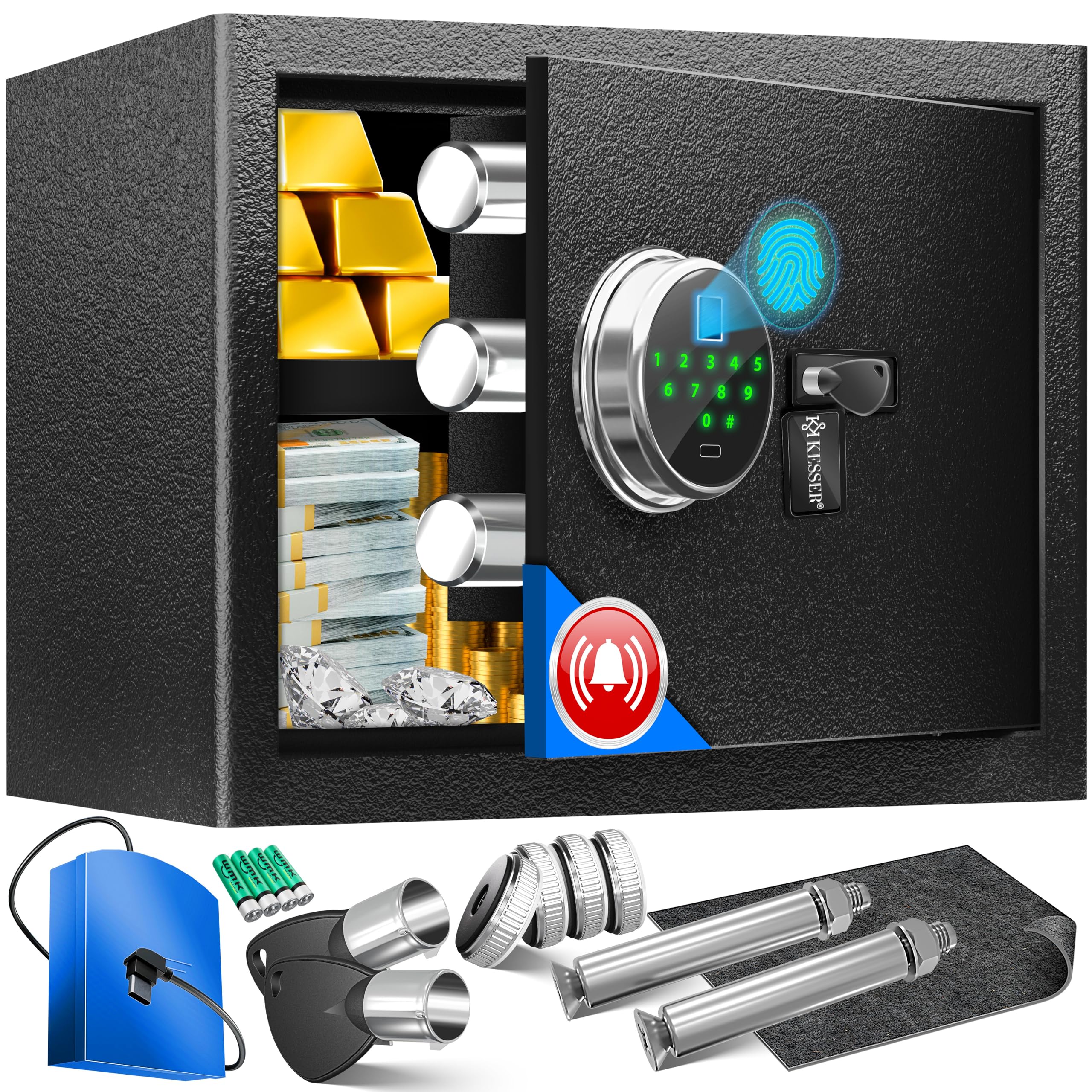 KESSER® Caja fuerte eléctrica con huella dactilar y llave L | Incluye batería de emergencia | Caja fuerte electrónica | 3 x doble perno | Caja fuerte de pared de suelo | Caja fuerte para muebles |