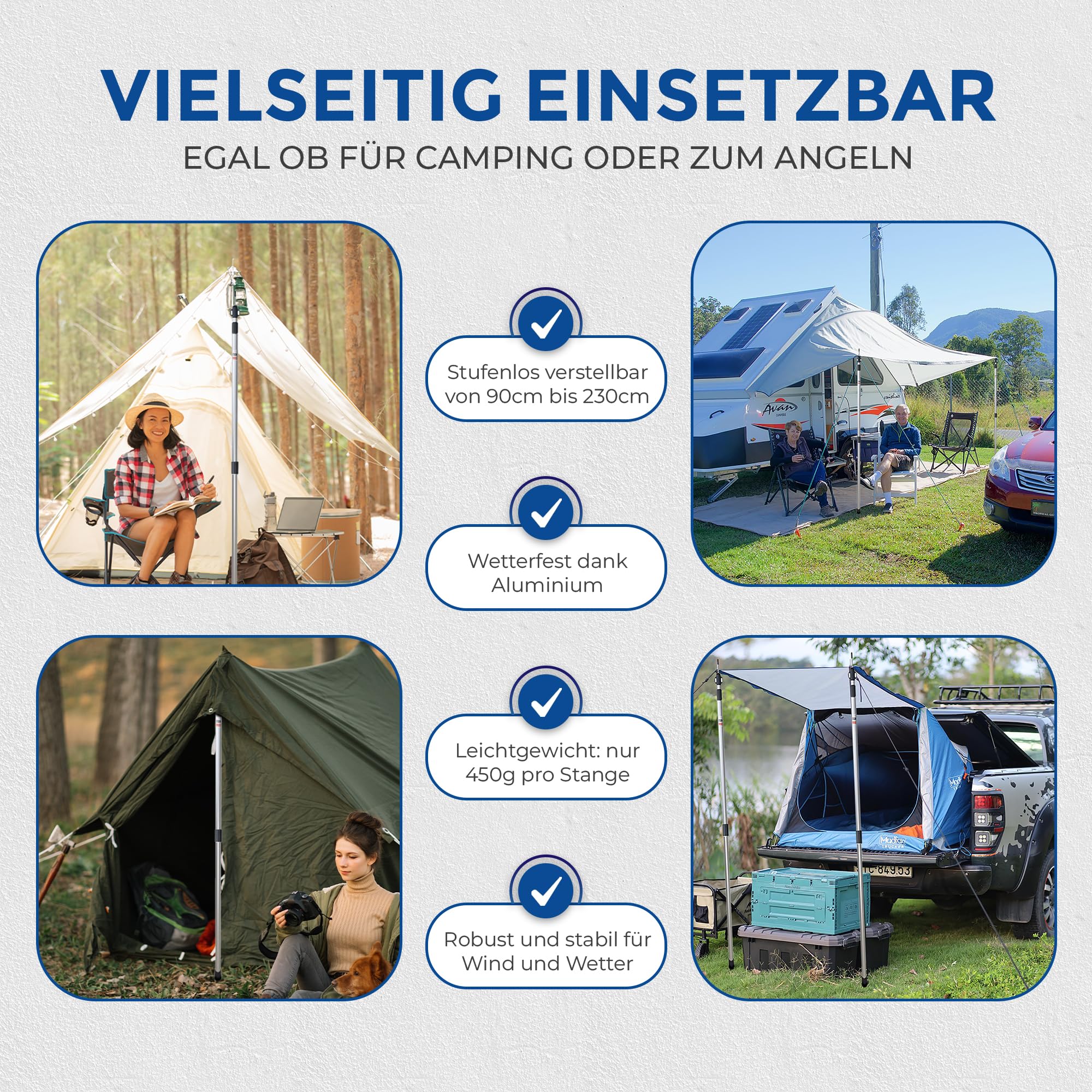2x Premium Teleskop-Zeltstangen aus Alu + Tasche | Stufenlos 95-230 cm verstellbar | Für Tarps, Planen & Sonnensegel | Ultraleicht (450g/Stange) & Twist-Lock-System