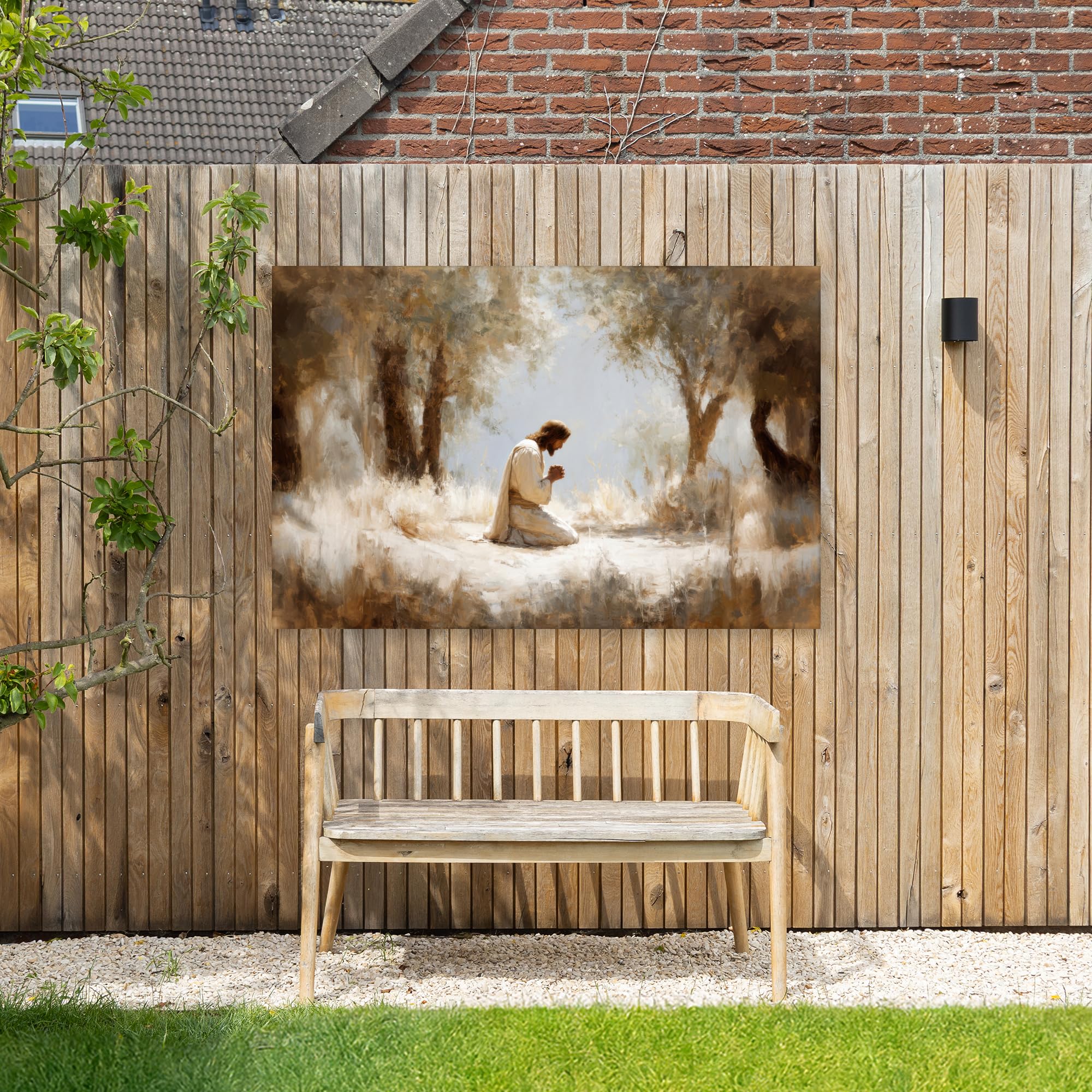 Gartenbilder 150x100 cm Wetterfeste Leinwand Outdoor Bild Terrasse Deko Balkon Wetterfest Gartenposter Foto Geschenk Draußen Jesus - Kniend - Waldlandschaft - Betend