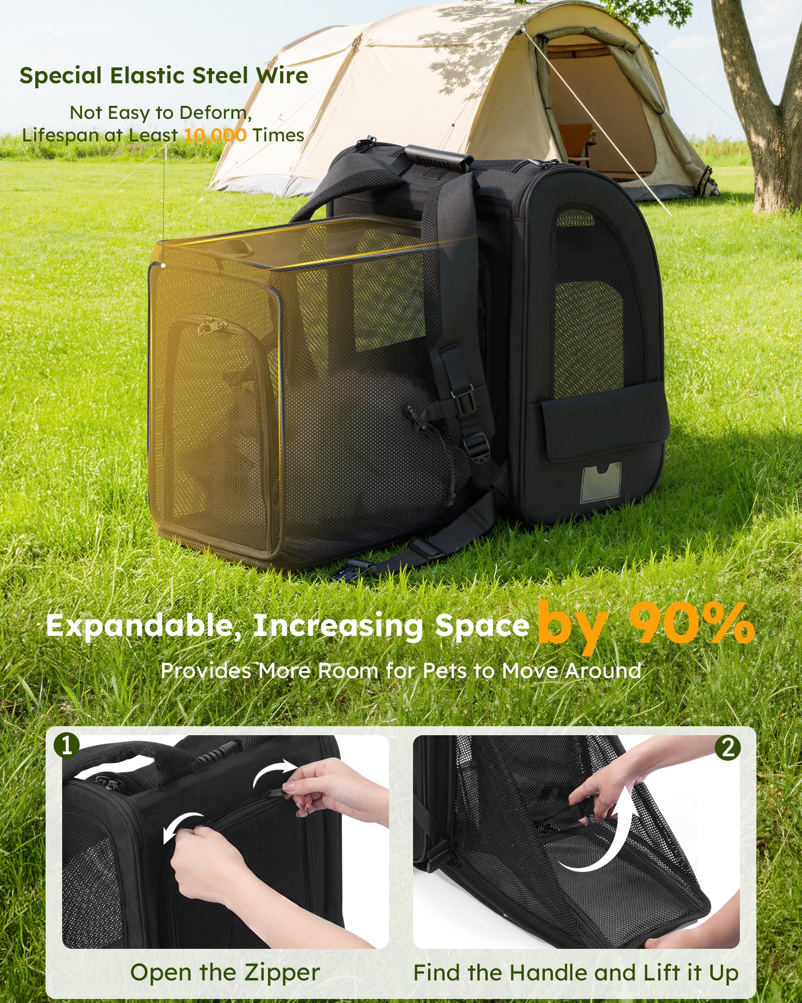 Pecute Zaino per Cani Gatti Grandi Estensibile, Cuccia Portatile, Trasportino Estraibile Indicato per Viaggi Sia Lunghi Che Corti（Nero)
