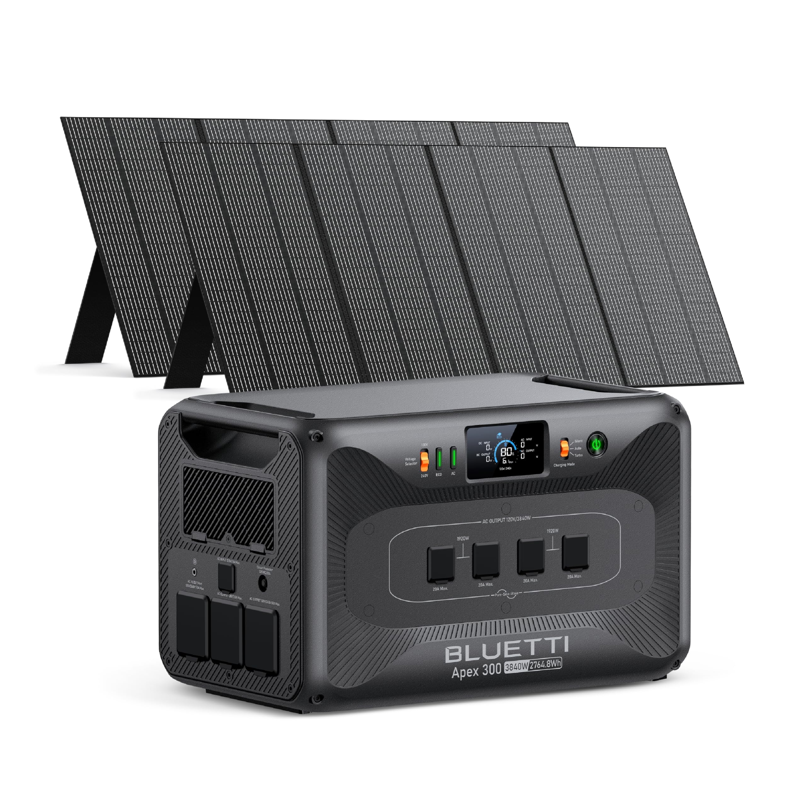 BLUETTI Apex 300 Solar Generator with 2 350W Solar Panels, 2764.8Wh LFP Battery Backup with 6 3840W AC Outlets (7680W Surge), 120V/240V Dual Voltage, Ideal for Camping and Off-Grid Living