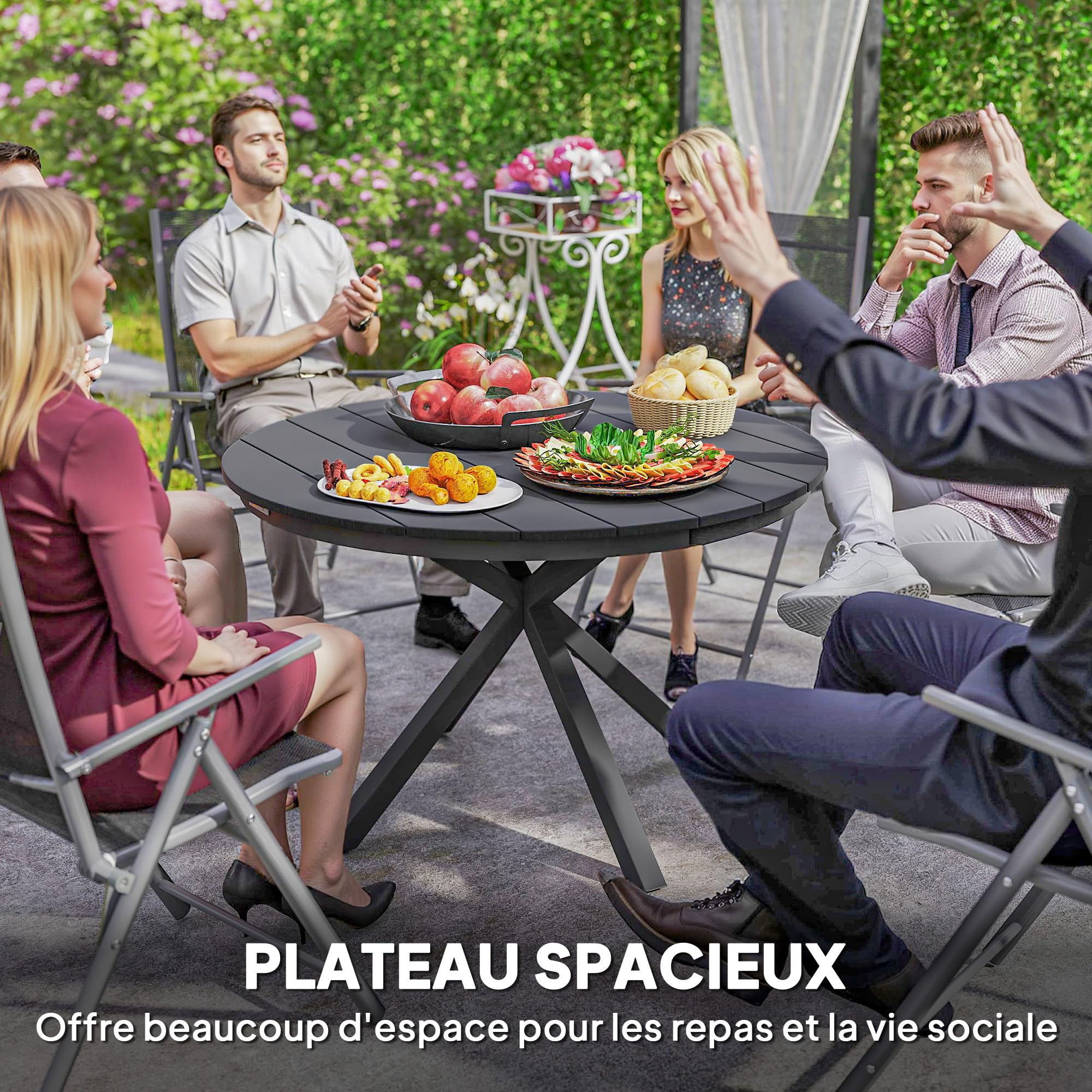 Outsunny Table à Manger de Jardin Ronde Ø 118 cm Aluminium Plateau Effet Bois Patins réglables Noir