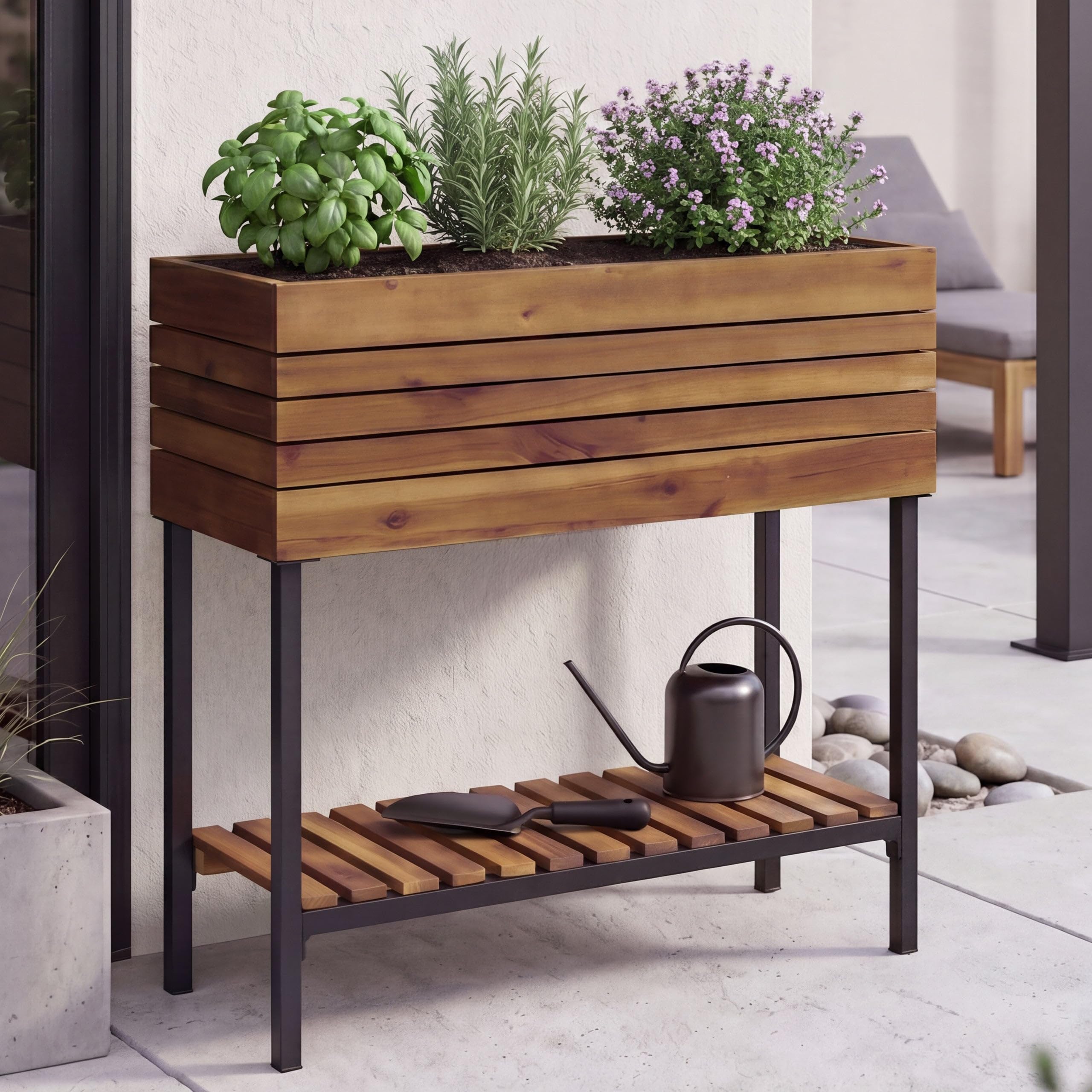 Hochbeet HWC-P84, Pflanzbeet Blumen-/Pflanzkasten Pflanzkübel, Ablage Outdoor Akazie Holz FSC® 79x80x31cm - braun