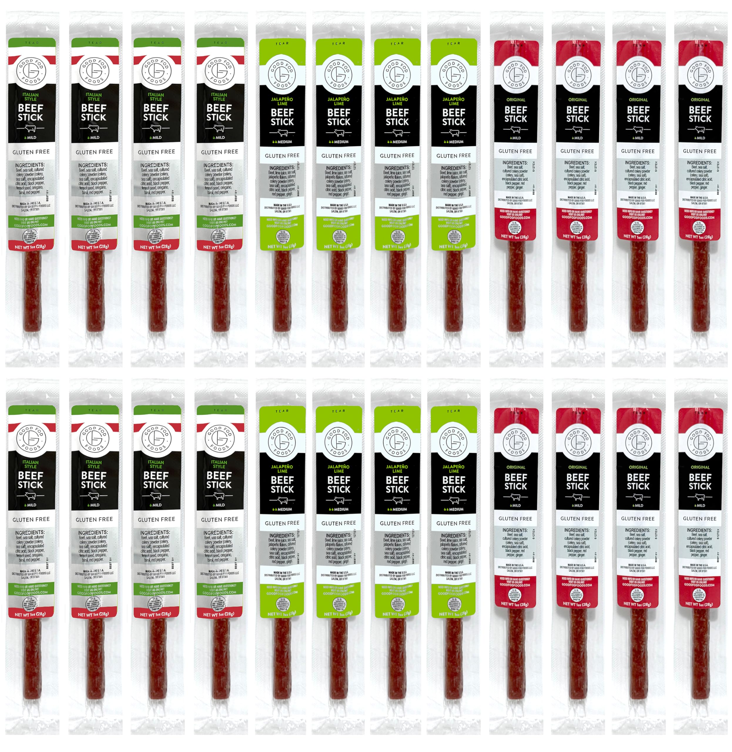Good Fod Foods Meat Stick Variety Pack – Low FODMAP Snacks for a Healthy Gut, Zero Sugar Jerky Sticks, Keto Friendly, Gluten-Free Beef Sticks 1 Ounce (24 Pack)