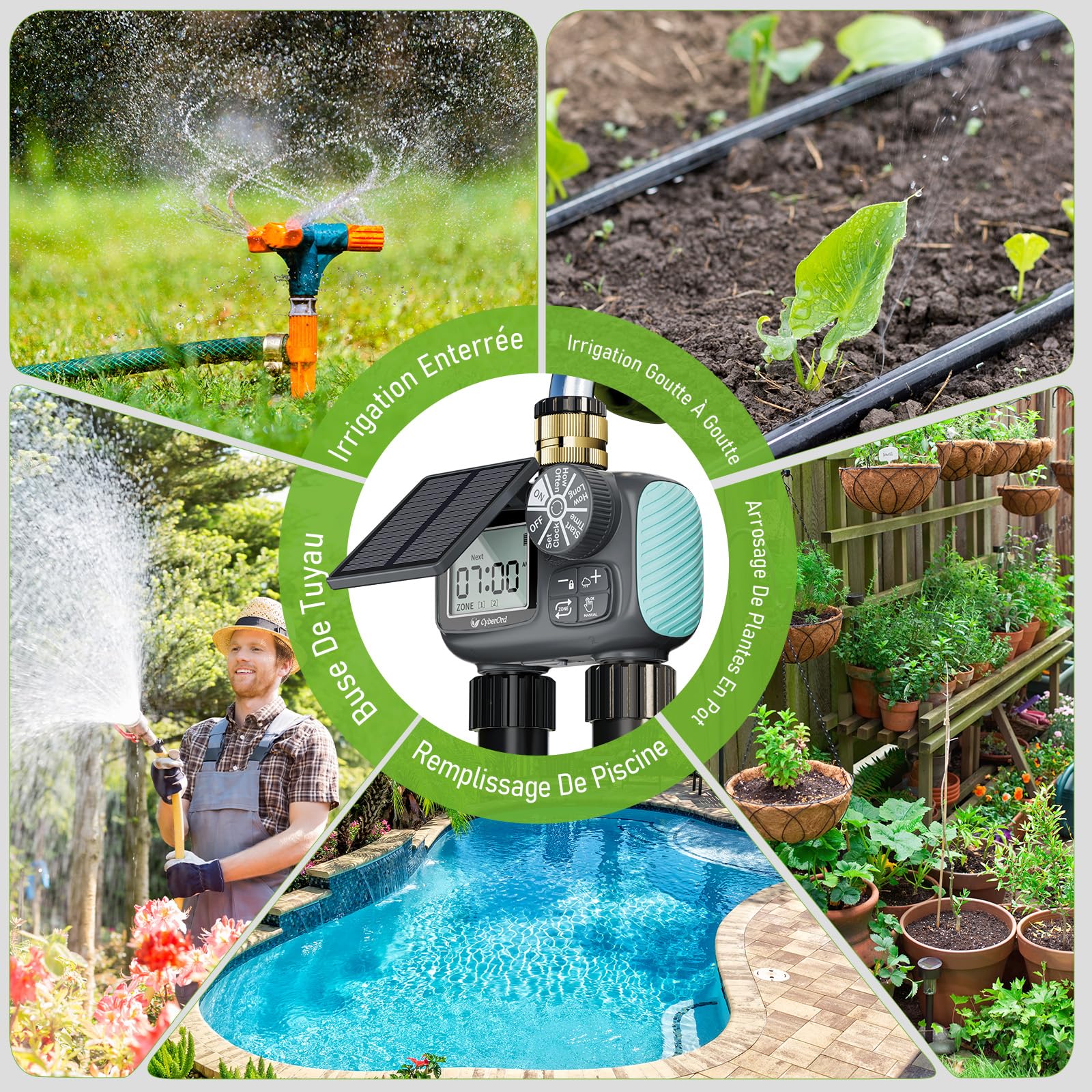 Programmateur d'arrosage Solaire CyberOrd 2 Zones, Arrosage Automatique pour Jardin avec Charge Solaire, Minuteur Arrosage Automatiquee avec Modes Auto/Manuel/Délai de Pluie pour Pelouse/Patio/Jardin
