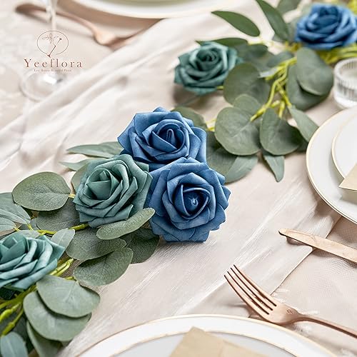 Vista 3 de YEEFLORA Flores artificiales, 25 rosas artificiales realistas para ramos de boda, centros de mesa, arreglos, rosa de espuma azul polvoriento