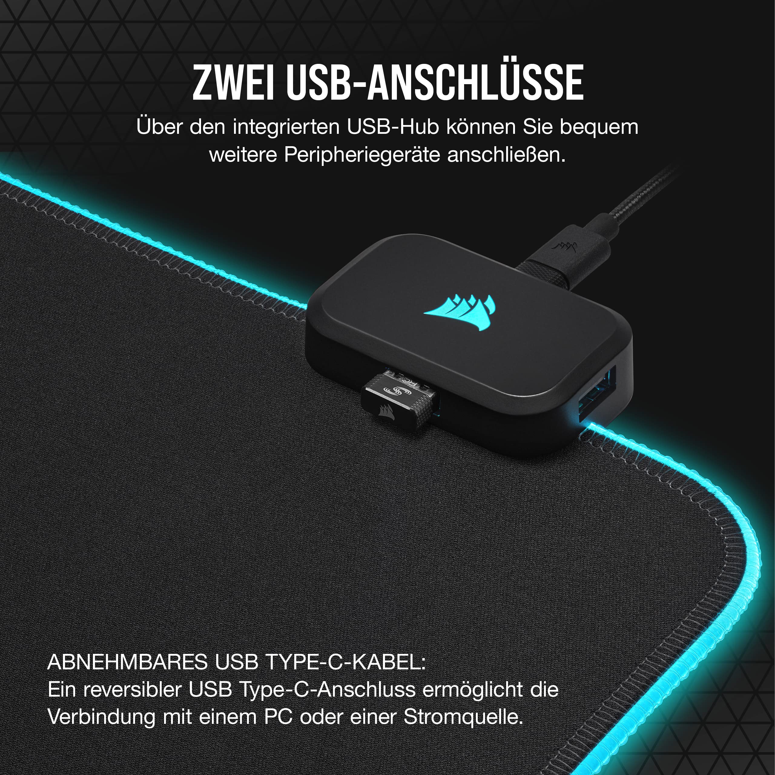 Corsair MM700 RGB Extended 3XL Gaming-Mauspad mit Stoffoberfläche - Oberfläche von 1220 × 610 mm - 360°-DREI-Zonen-RGB-Beleuchtung - USB-Hub mit Zwei Ports - rutschfeste Gummiunterlage - Schwarz 610L – Bild 5
