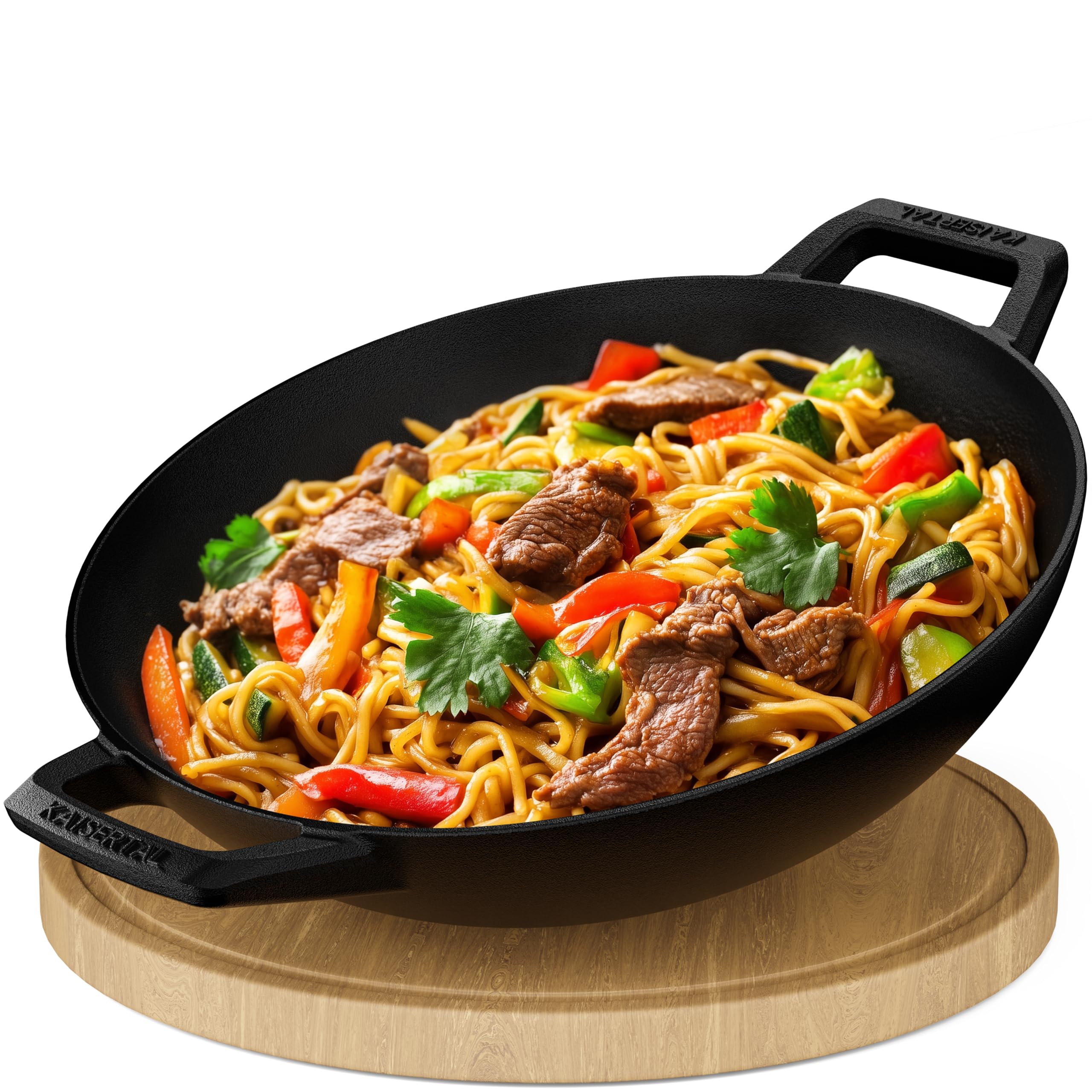 Kaisertal® Sartén wok de hierro fundido para inducción, 32 cm de diámetro, sin tapa, wok con base plana y tapa de cristal, apta para horno, incluye cepillo de limpieza